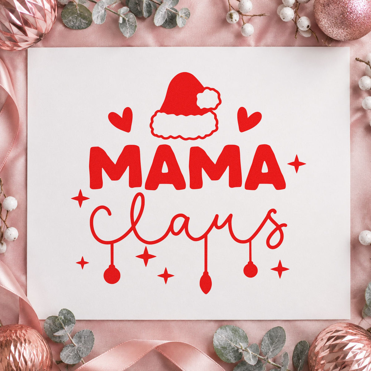 Mama Claus Santa Hat craft stamp in red ink on cardstock, an easy option for kitchen apron ink.