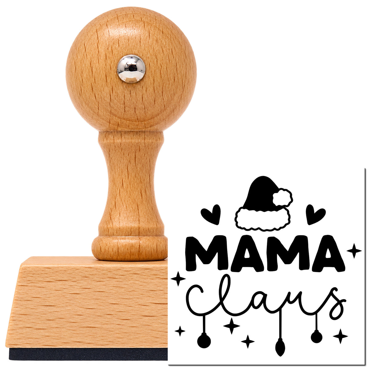 Vintage Pro beech wood stamp with a round knob handle, shown with its black Mama Claus Santa Hat Ornaments imprint on white.