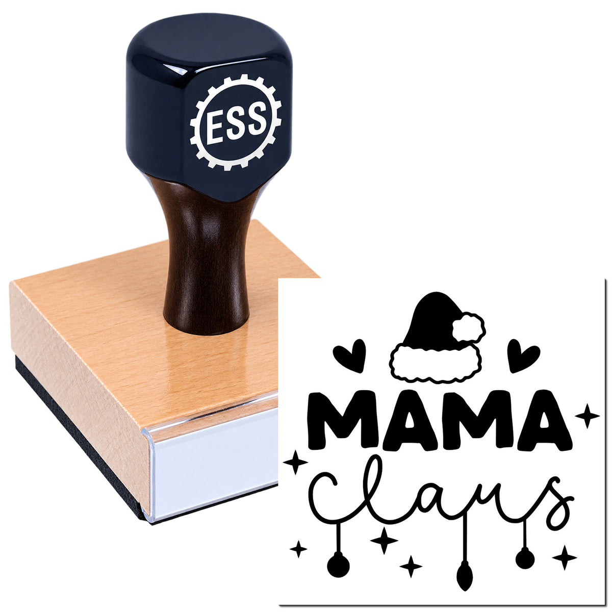 Navy ESS rubber stamp on wooden block with black MAMA Claus seal design, Santa hat, hearts, and stars.