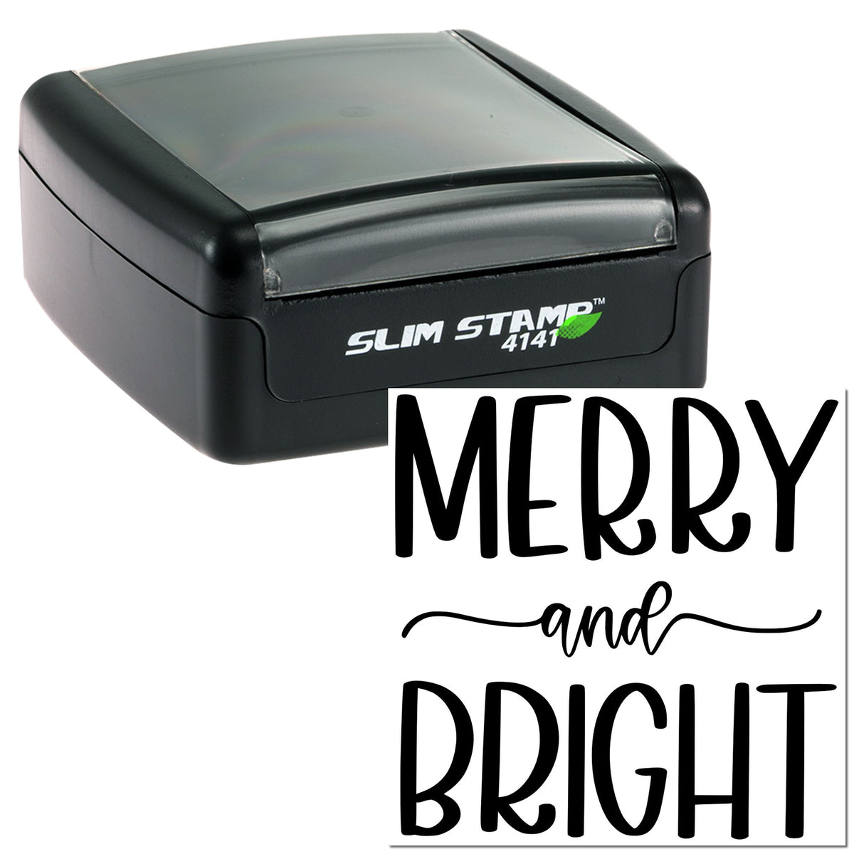 Black self-inking Slim Stamp 4141 with Merry and Bright impression for custom stamp and seal use.