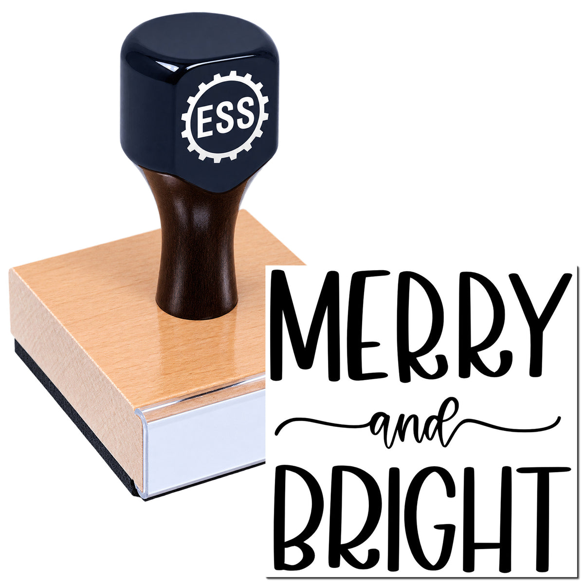 Dark blue ESS stamp on wooden block with "Merry and Bright" lettering for stamp and seal products