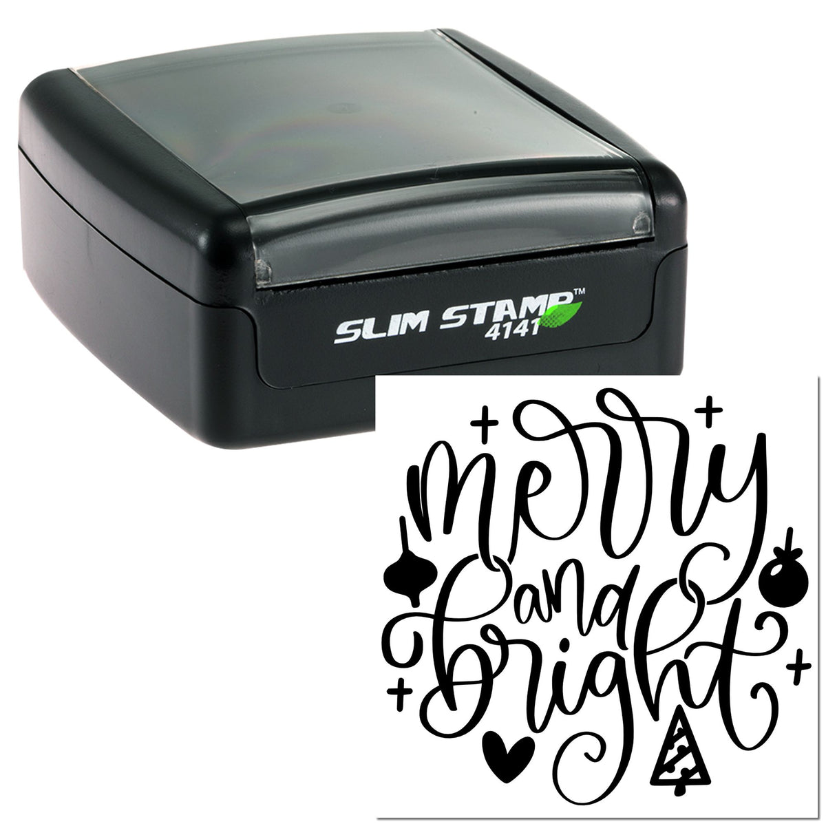 Black Slim Stamp 4141 self-inking stamp with clear top; sample black holiday seal reads Merry and Bright.