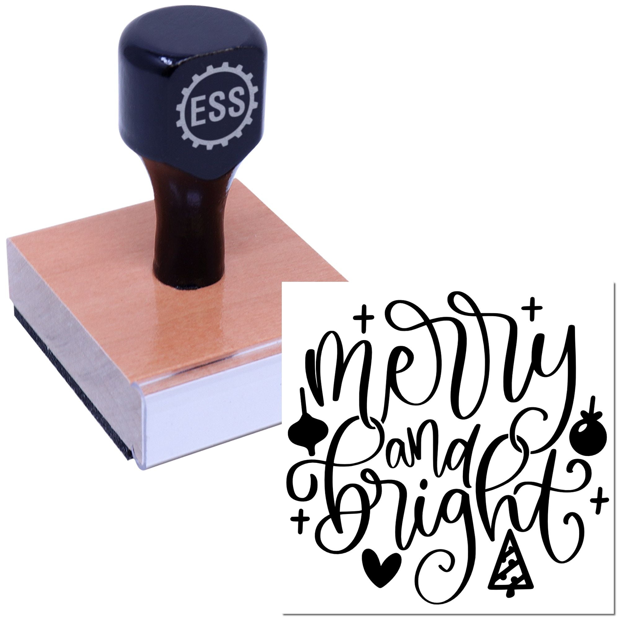 Black ESS rubber stamp on copper seal block with white Merry and Bright script design