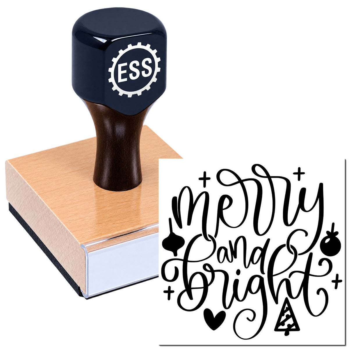 Black ESS rubber stamp on copper seal block with white "Merry and Bright" script design