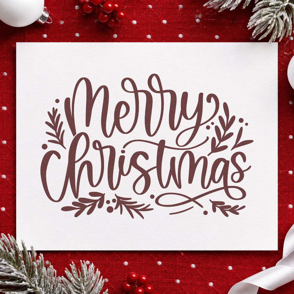 Merry Christmas Leaf Flourishes rubber stamp printed in brown ink, ready for seed order sheet and similar paper crafts.