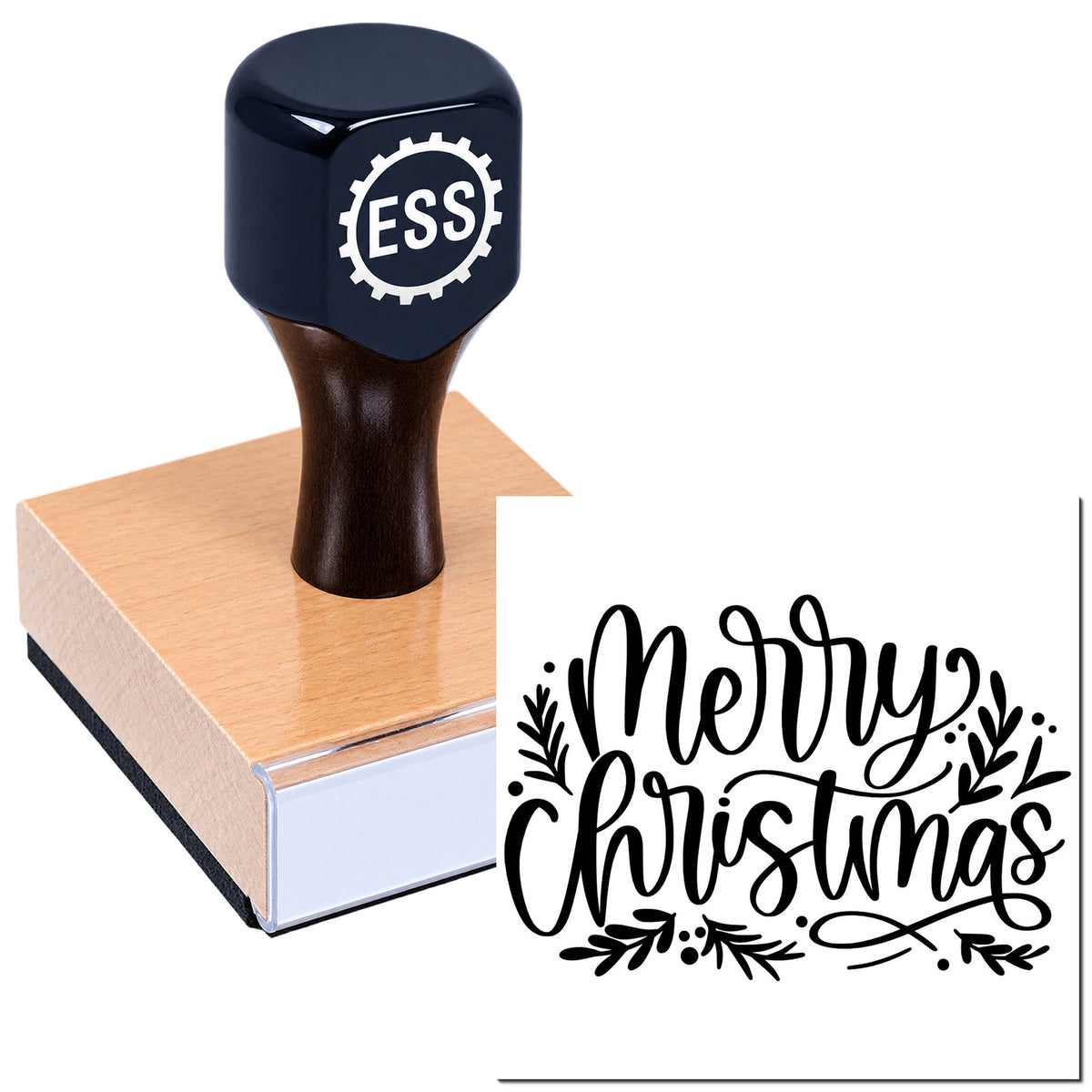 Dark navy ESS stamp on wooden block beside black Merry Christmas seal design.