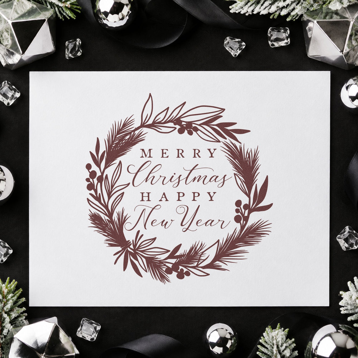 Christmas New Year Botanical Wreath rubber stamp printed in brown ink, ready for two week plan sheet and similar paper crafts.