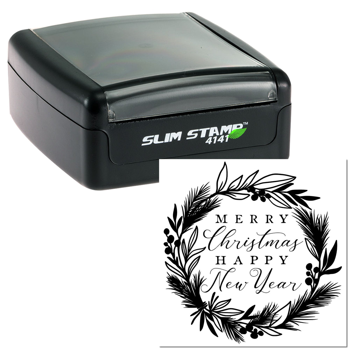 Black Slim Stamp 4141 self-inking stamp with black holiday seal reading Merry Christmas, Happy New Year in a wreath design.