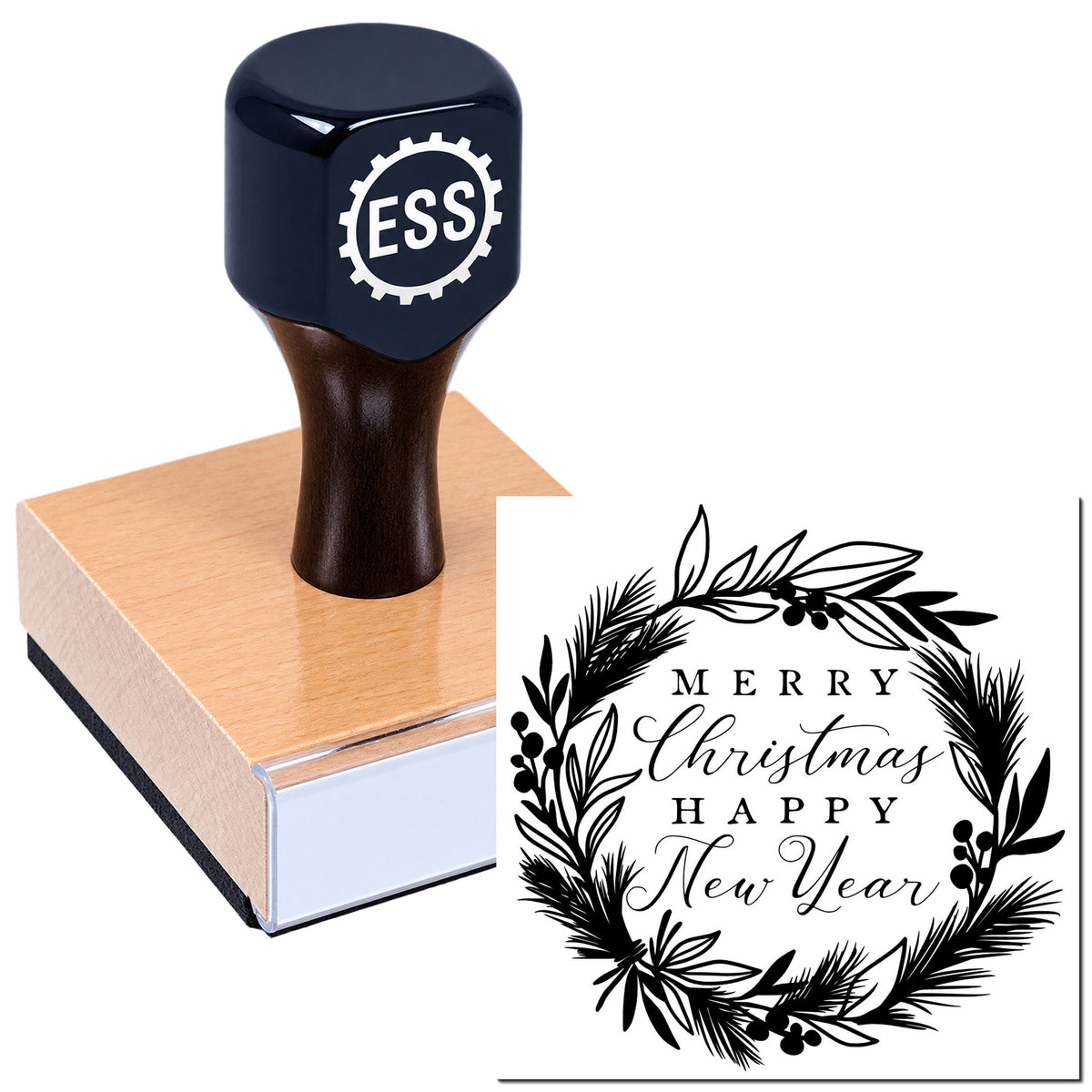 Dark blue ESS rubber stamp on copper seal block beside black Merry Christmas Happy New Year wreath design.