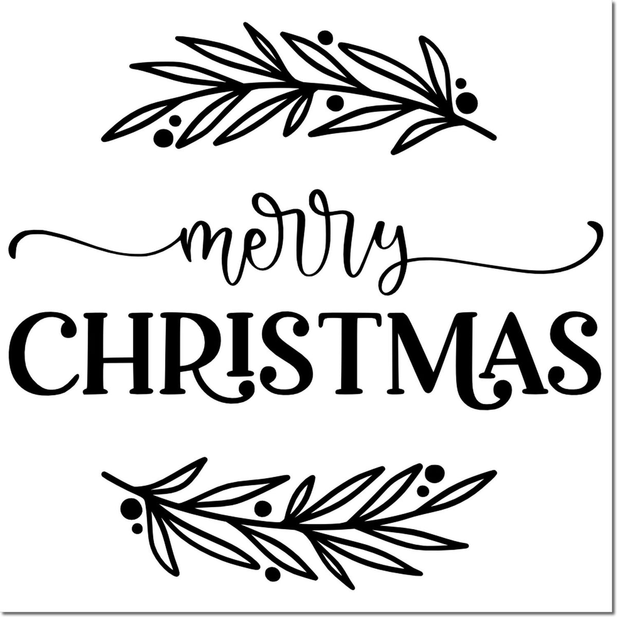 Black Merry Christmas stamp and seal design with botanical leaf swags and berries on a white background.