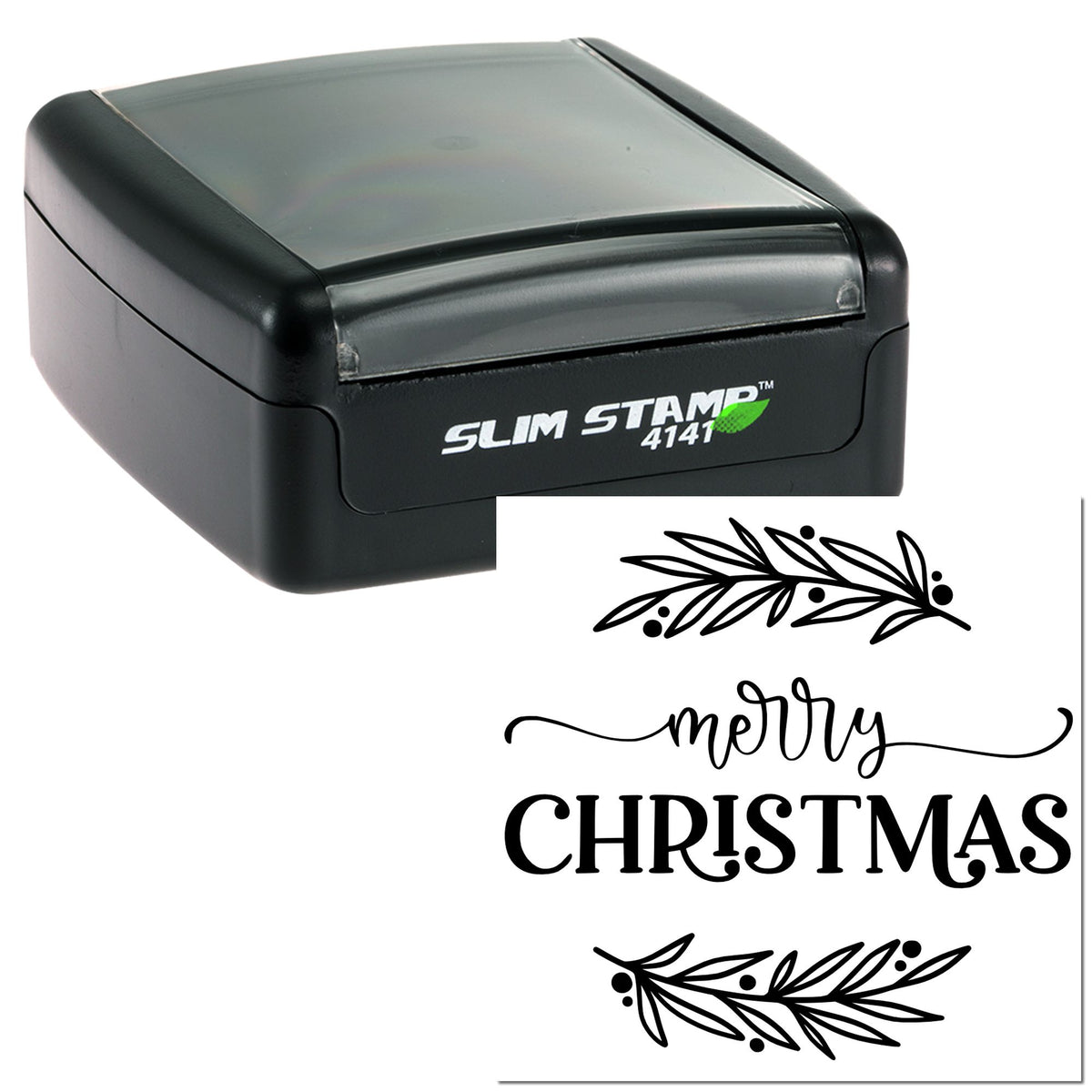 Black self-inking Slim Stamp 4141 with Merry Christmas botanical seal design