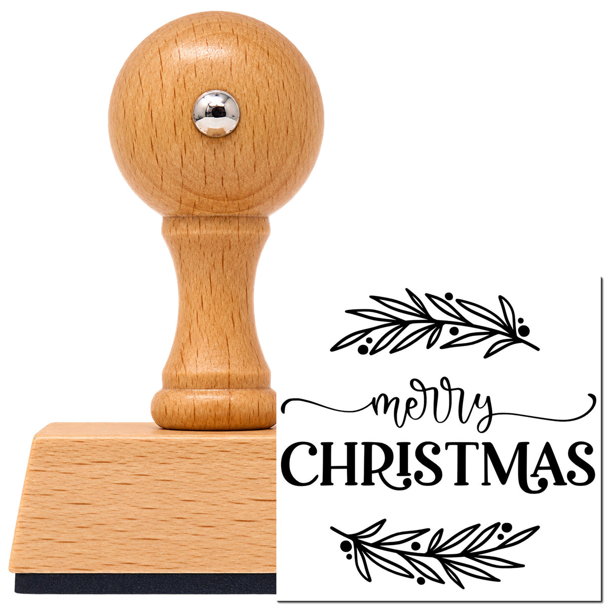 Vintage Pro beech wood stamp with a round knob handle, shown with its black Merry Christmas Between Branches imprint on white.