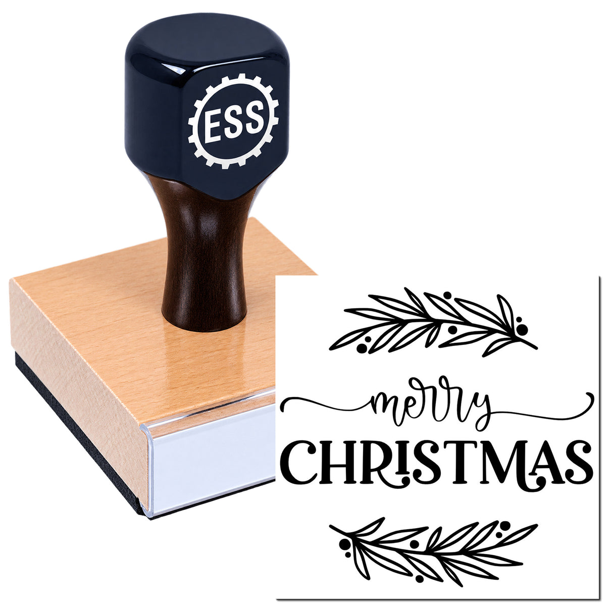 Black ESS rubber stamp on a wood block with Merry Christmas seal design and leafy border accents.