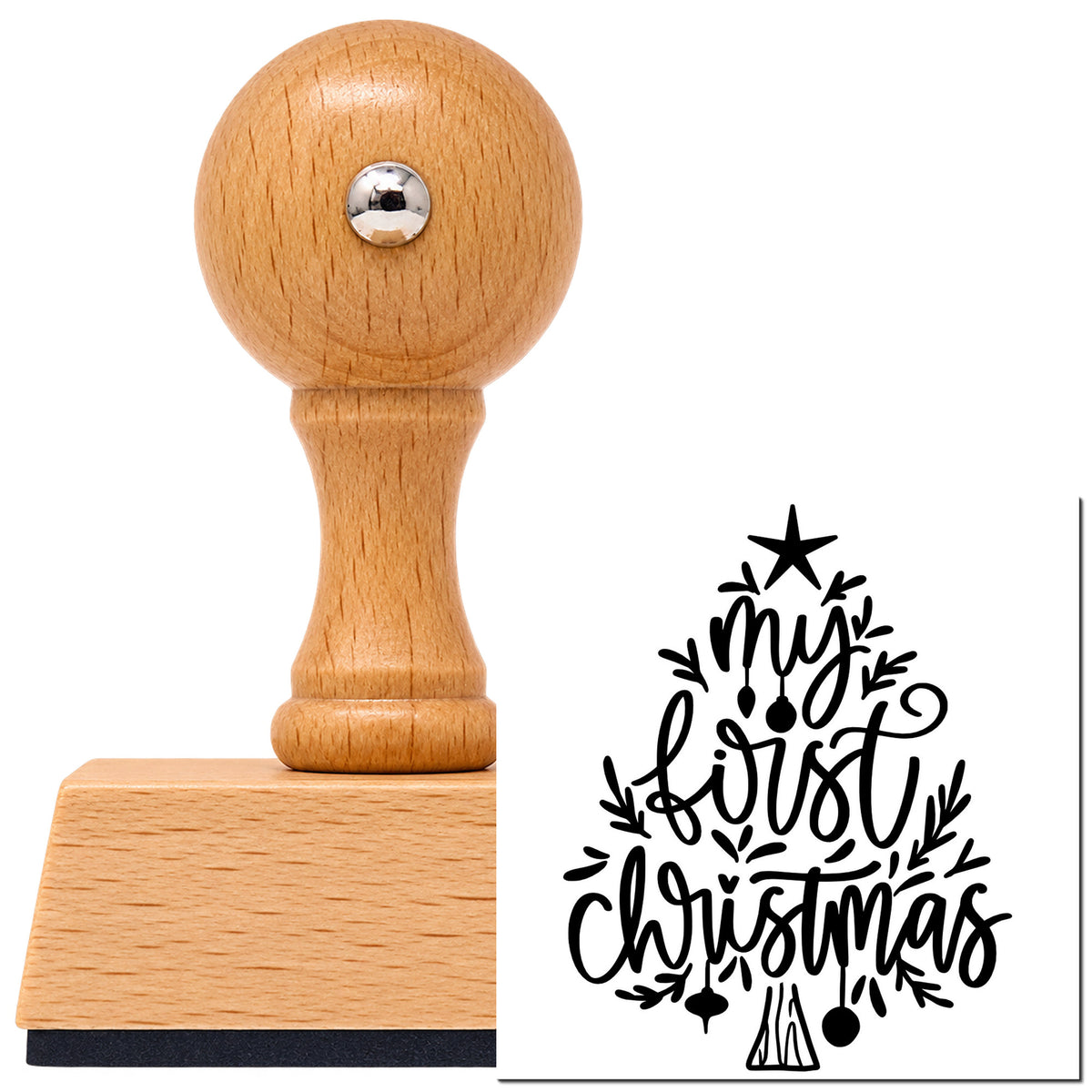 Vintage Pro beech wood stamp with a round knob handle, shown with its black My First Christmas Tree Ornaments imprint on white.