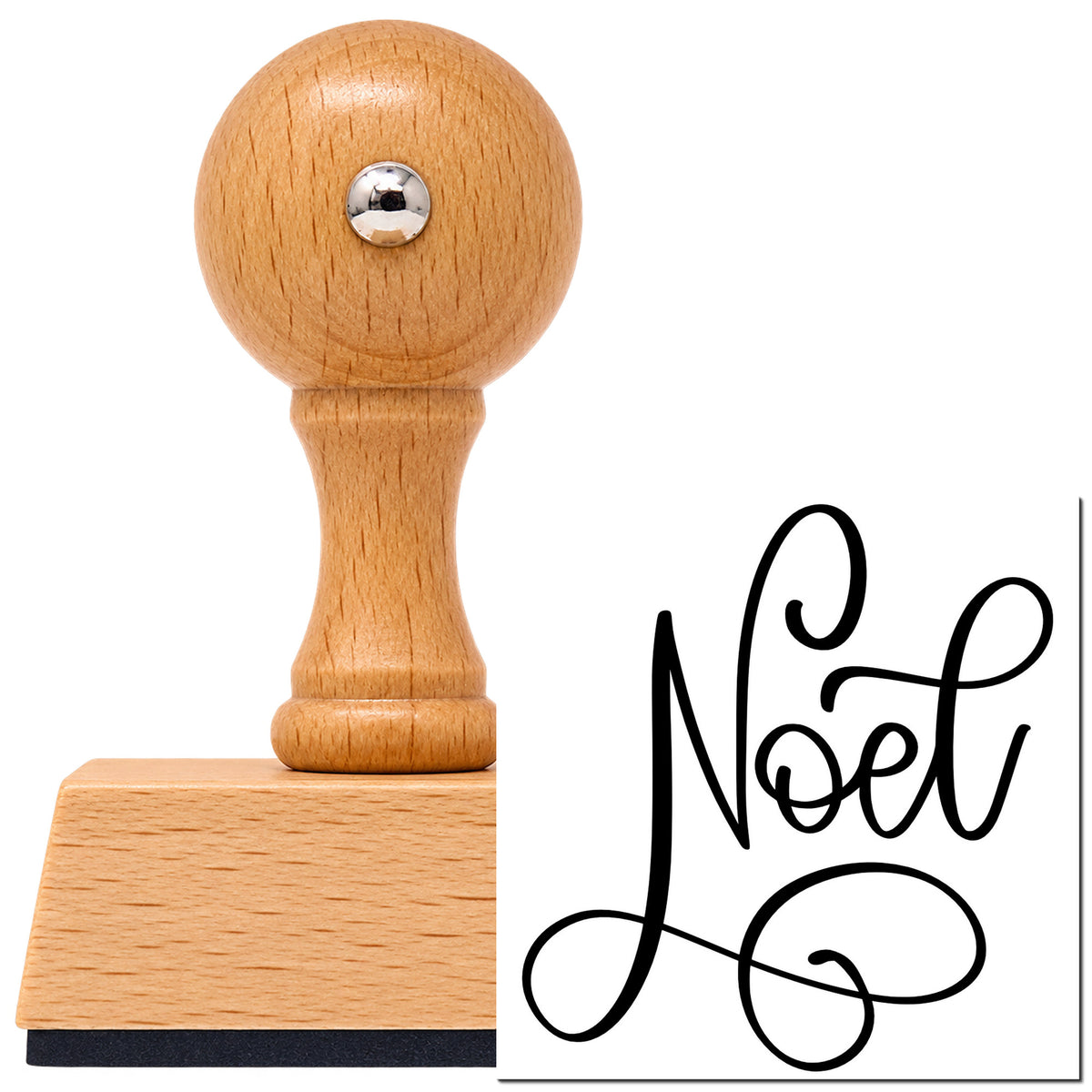 Vintage Pro beech wood stamp with a round knob handle, shown with its black Noel Flowing Script imprint on white.