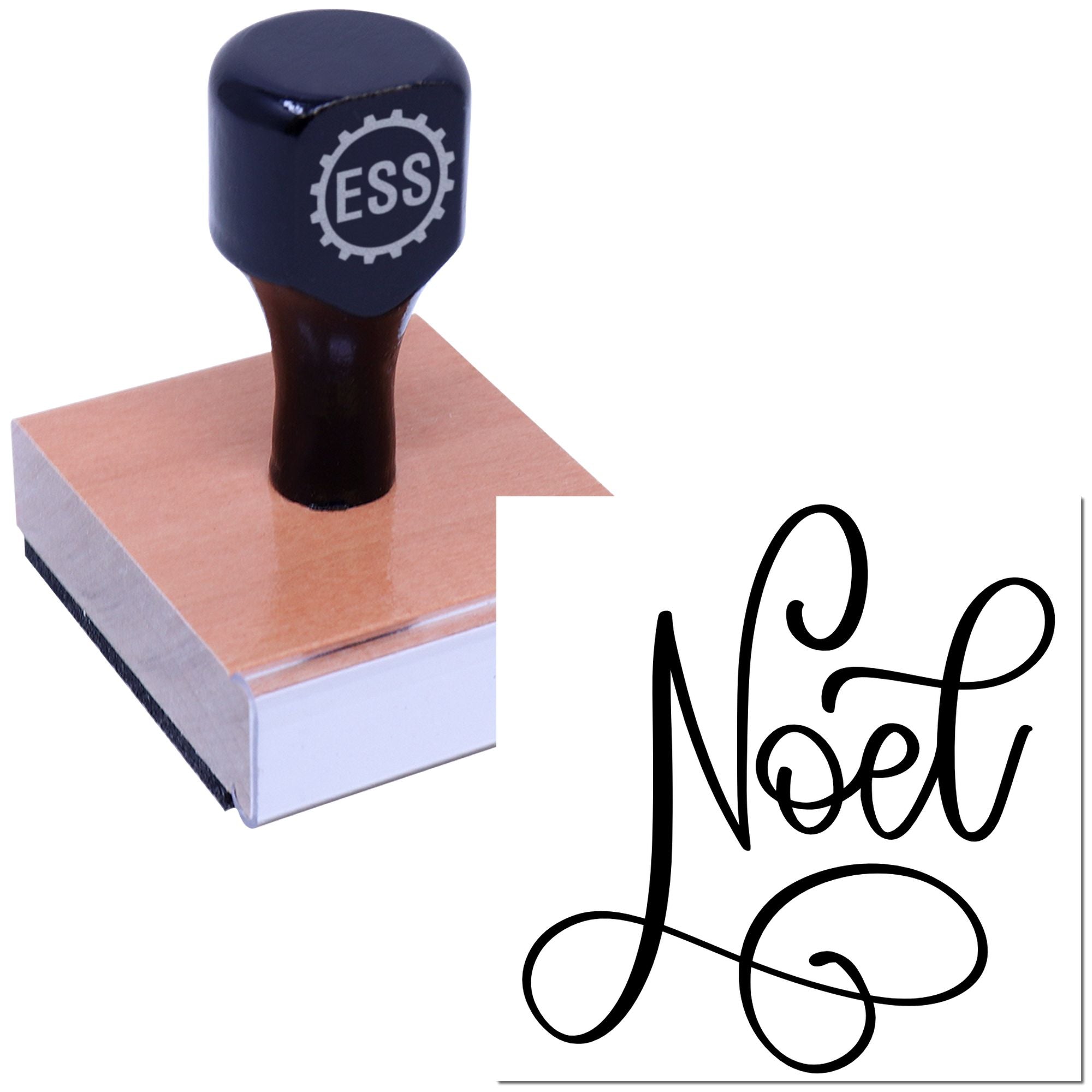Black ESS stamp with wooden base next to decorative black Seal script on white background