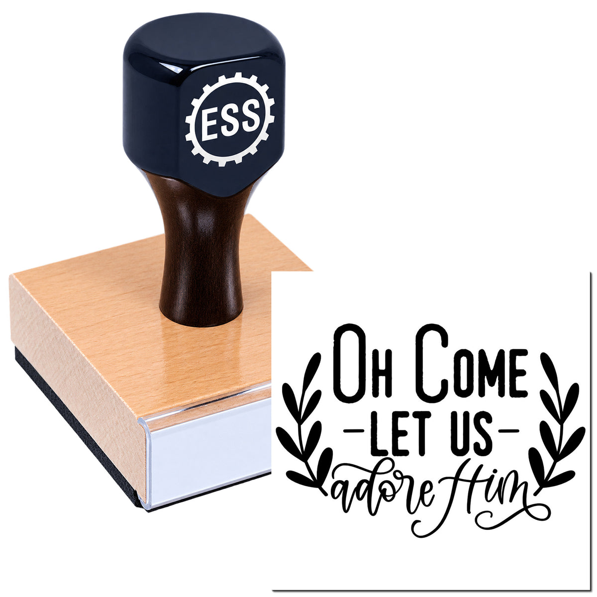 Dark navy ESS rubber stamp and seal block with copper base and black "Oh Come Let Us Adore Him" script.