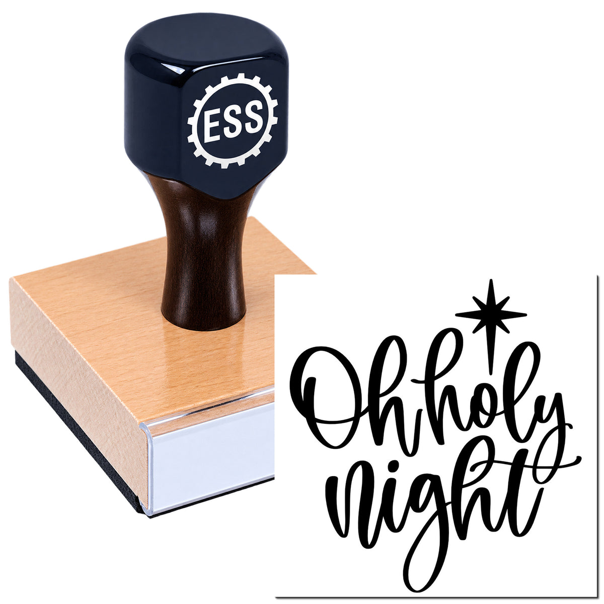 Black ESS rubber stamp on rose-gold block with black "Oh Holy Night" seal design in script.