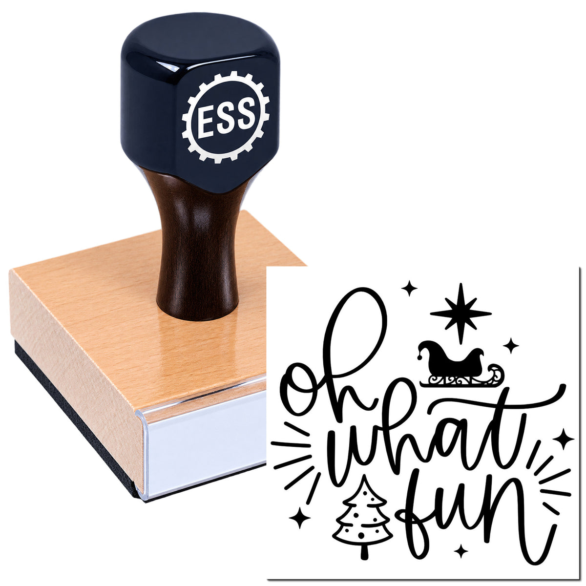 Dark blue ESS rubber stamp on wooden block with black holiday seal design reading "oh what fun" and stars.