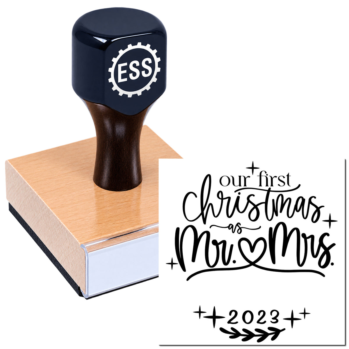 Dark blue self-inking stamp with ESS logo on tan block, plus black wedding seal reading "Our first Christmas as Mr. & Mrs. 2023"