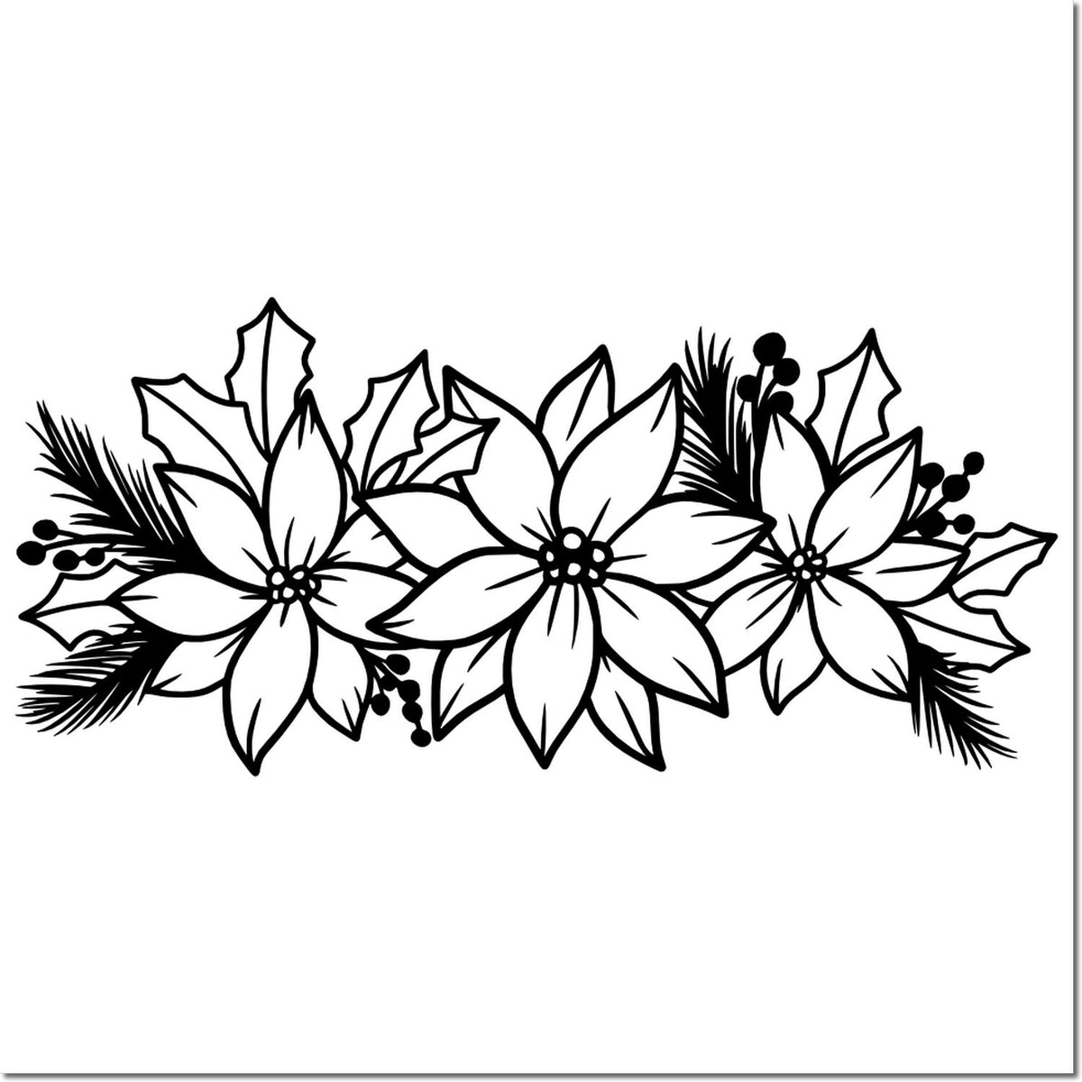 Black floral stamp seal with poinsettias, holly leaves, pine sprigs and berries on a white background.
