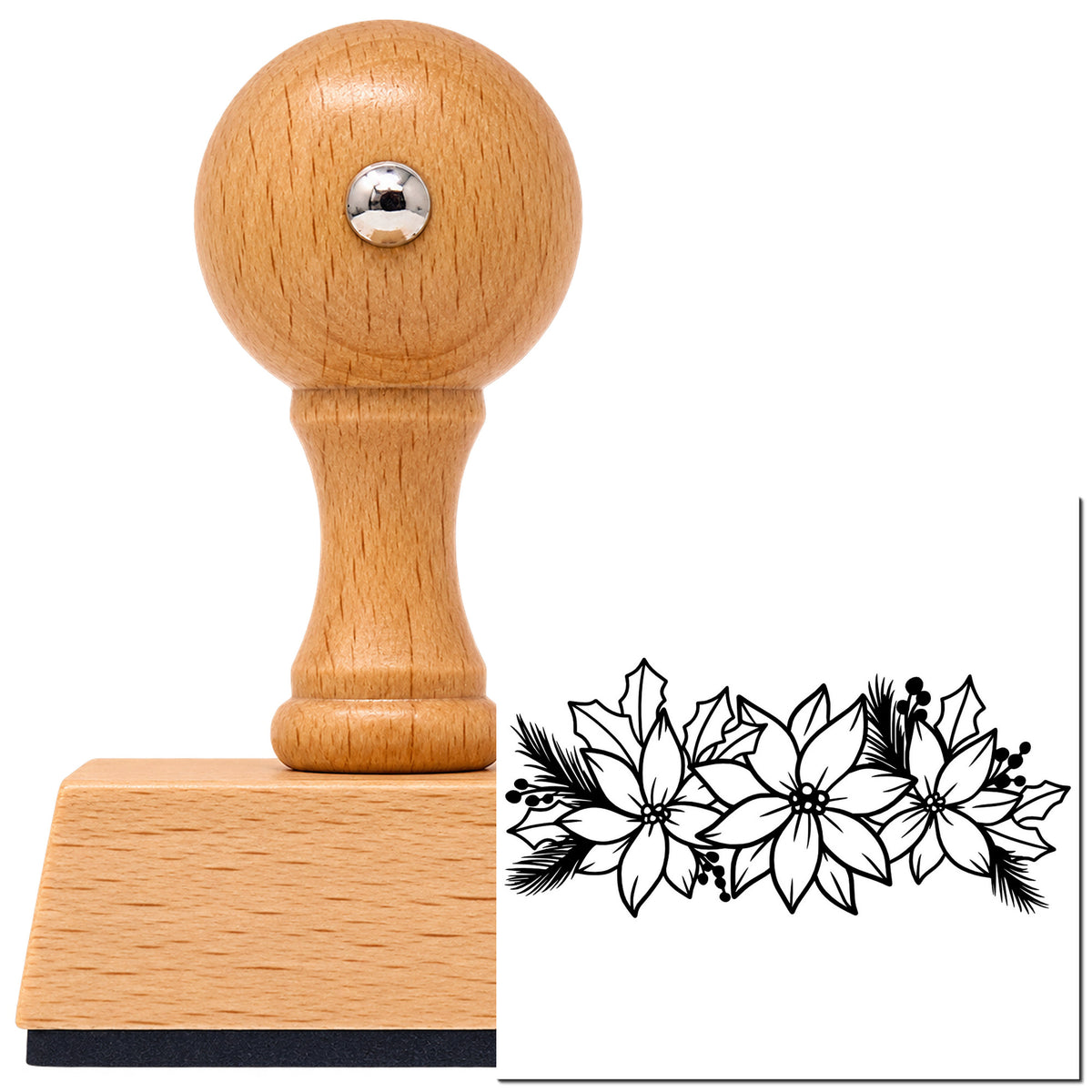 Vintage Pro beech wood stamp with a round knob handle, shown with its black Poinsettia And Holly Arrangement Floral Accents imprint on white.