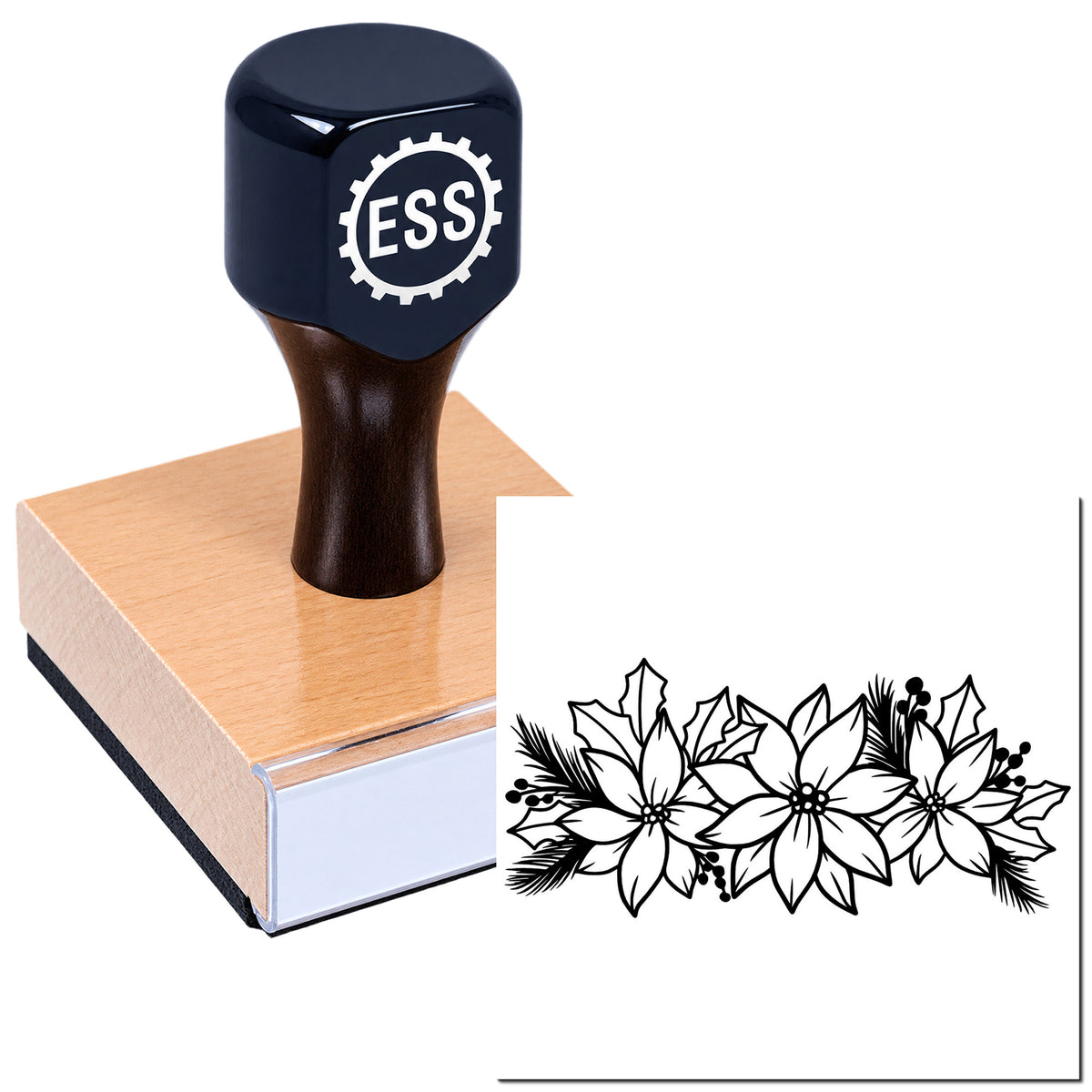 Dark navy ESS rubber stamp and seal on wooden block, with black floral imprint on white paper