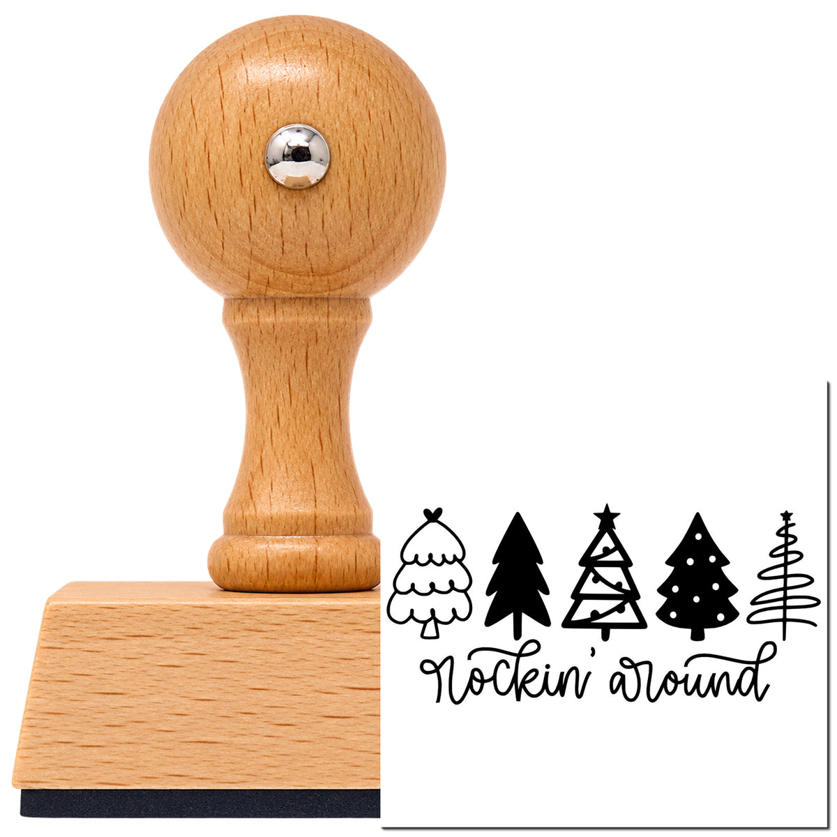 Vintage Pro beech wood stamp with a round knob handle, shown with its black Rockin Around Christmas Trees imprint on white.