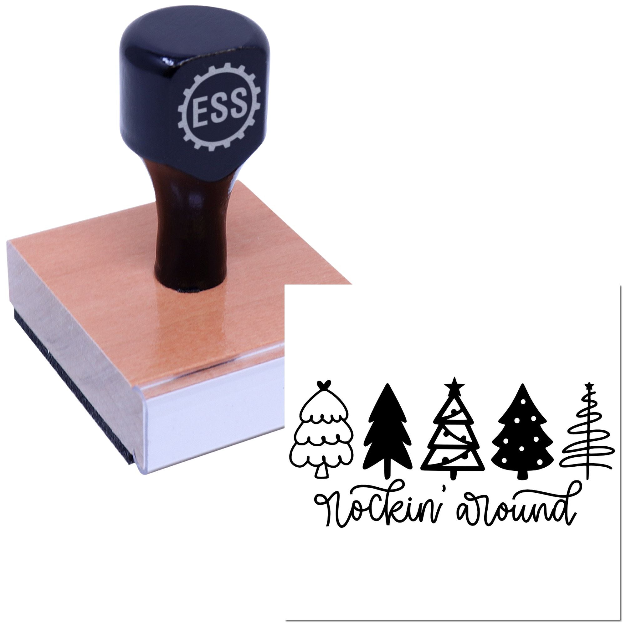 Dark navy ESS rubber stamp on wooden base, plus black Christmas tree seal designs and rockin around script.