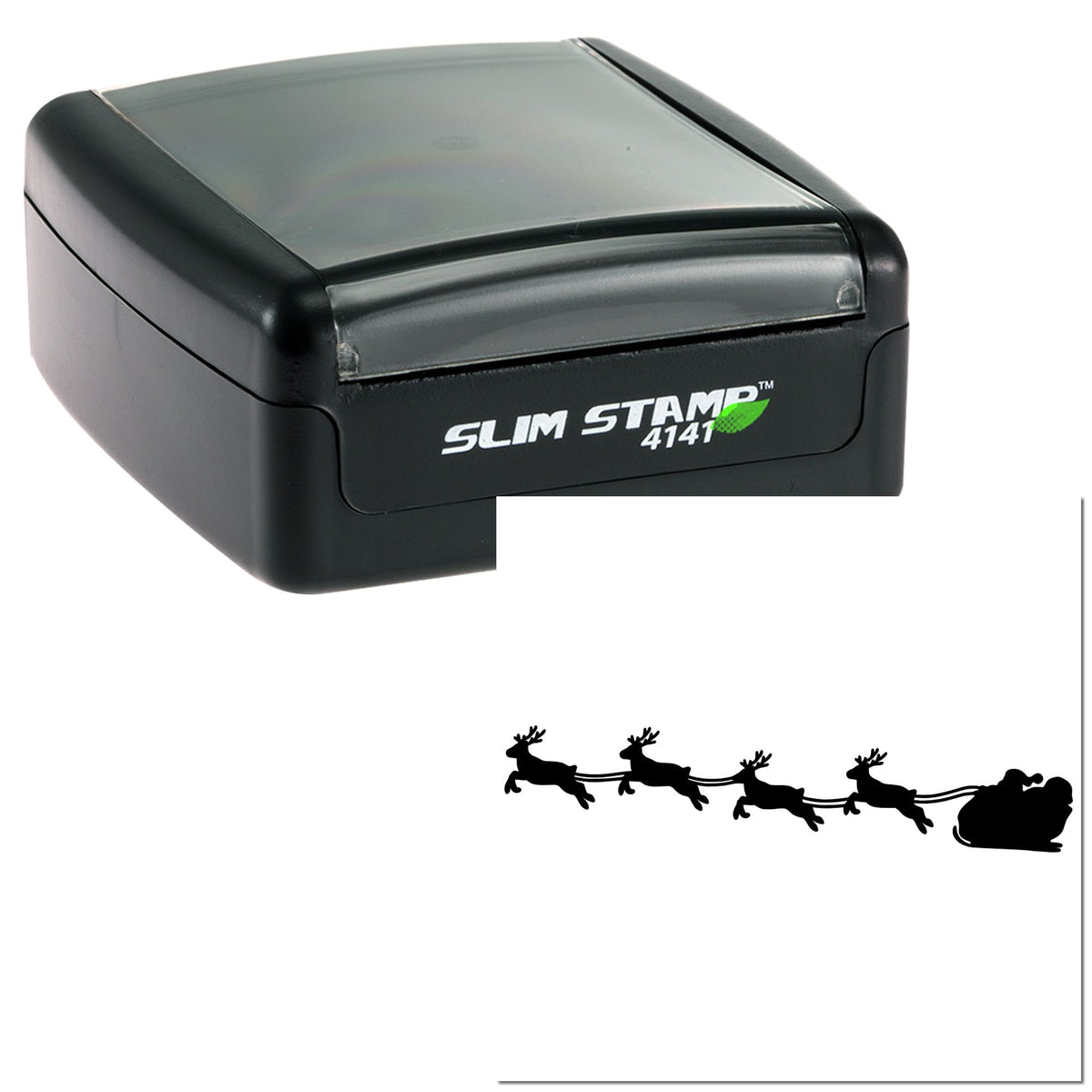 Black Slim Stamp 4141 self-inking seal with transparent gray cover and Santa sleigh reindeer silhouette.