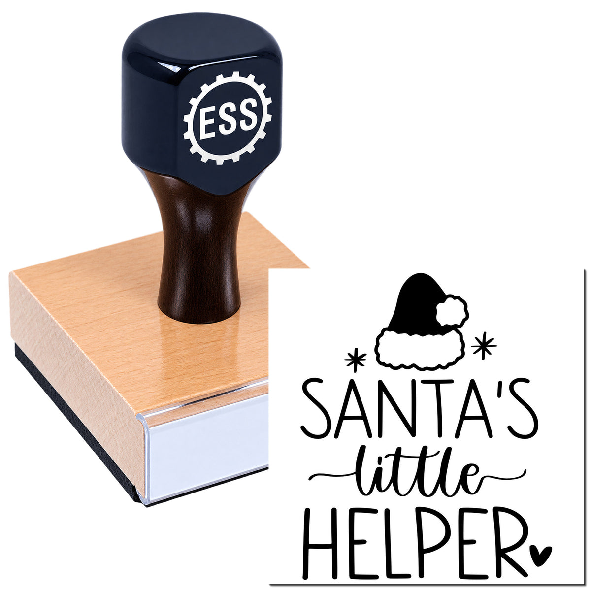 Black ESS rubber stamp on a wooden block beside a white Santa's Little Helper seal.