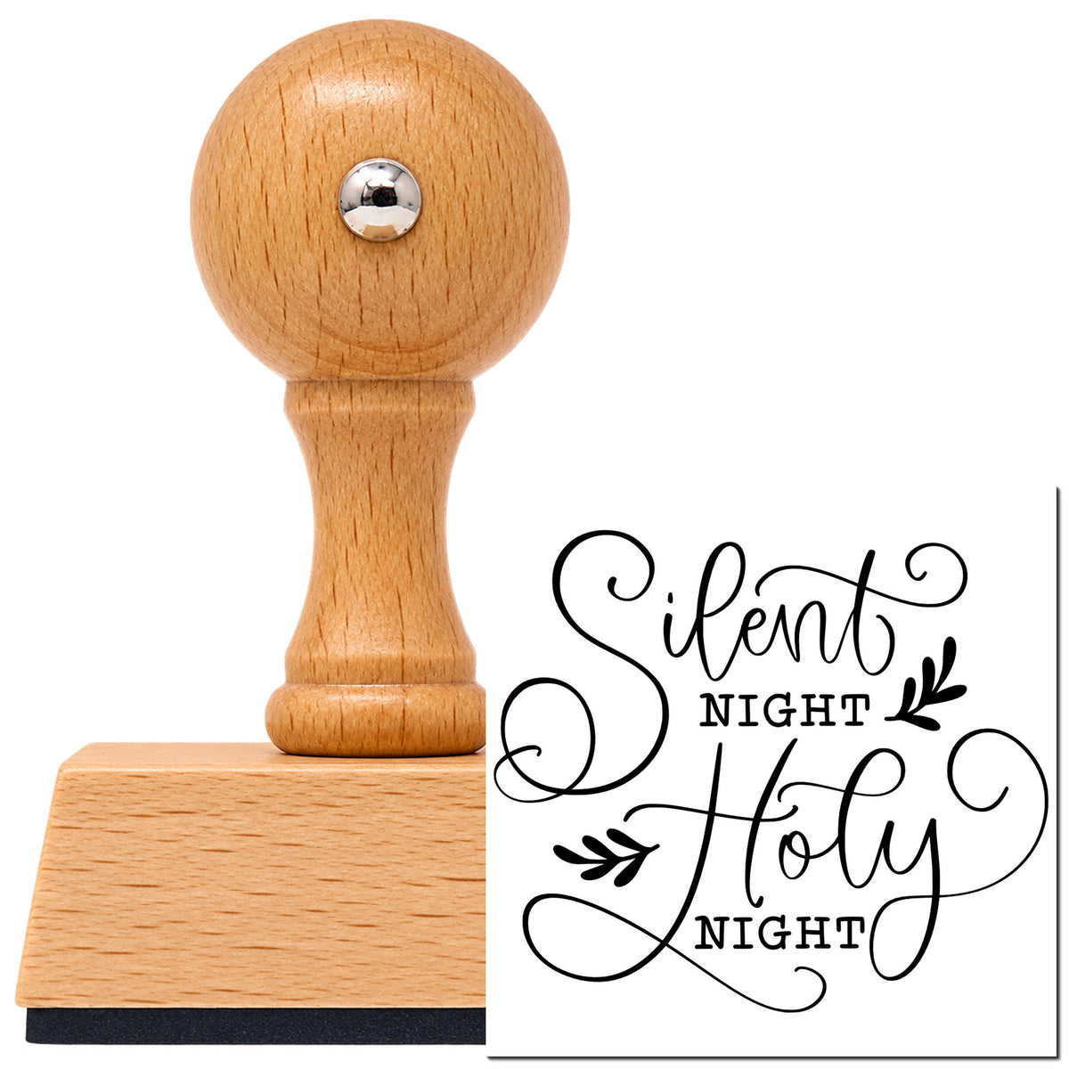Vintage Pro beech wood stamp with a round knob handle, shown with its black Silent Night Holy Night imprint on white.