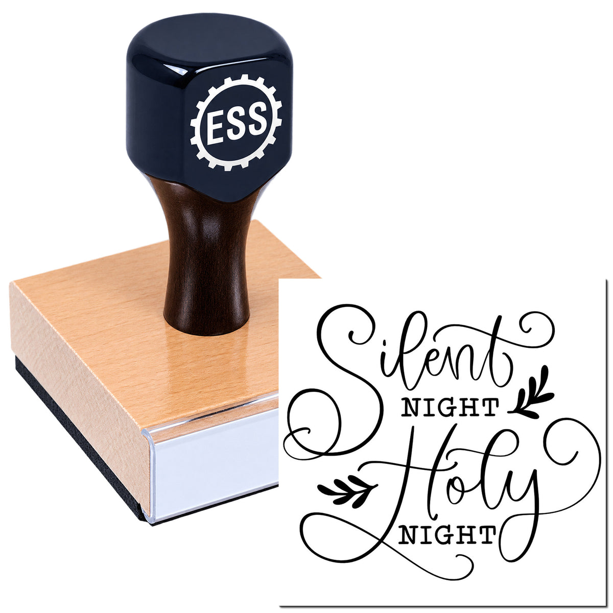 Dark navy ESS rubber stamp and seal on wood base, with black "Silent Night Holy Night" calligraphy