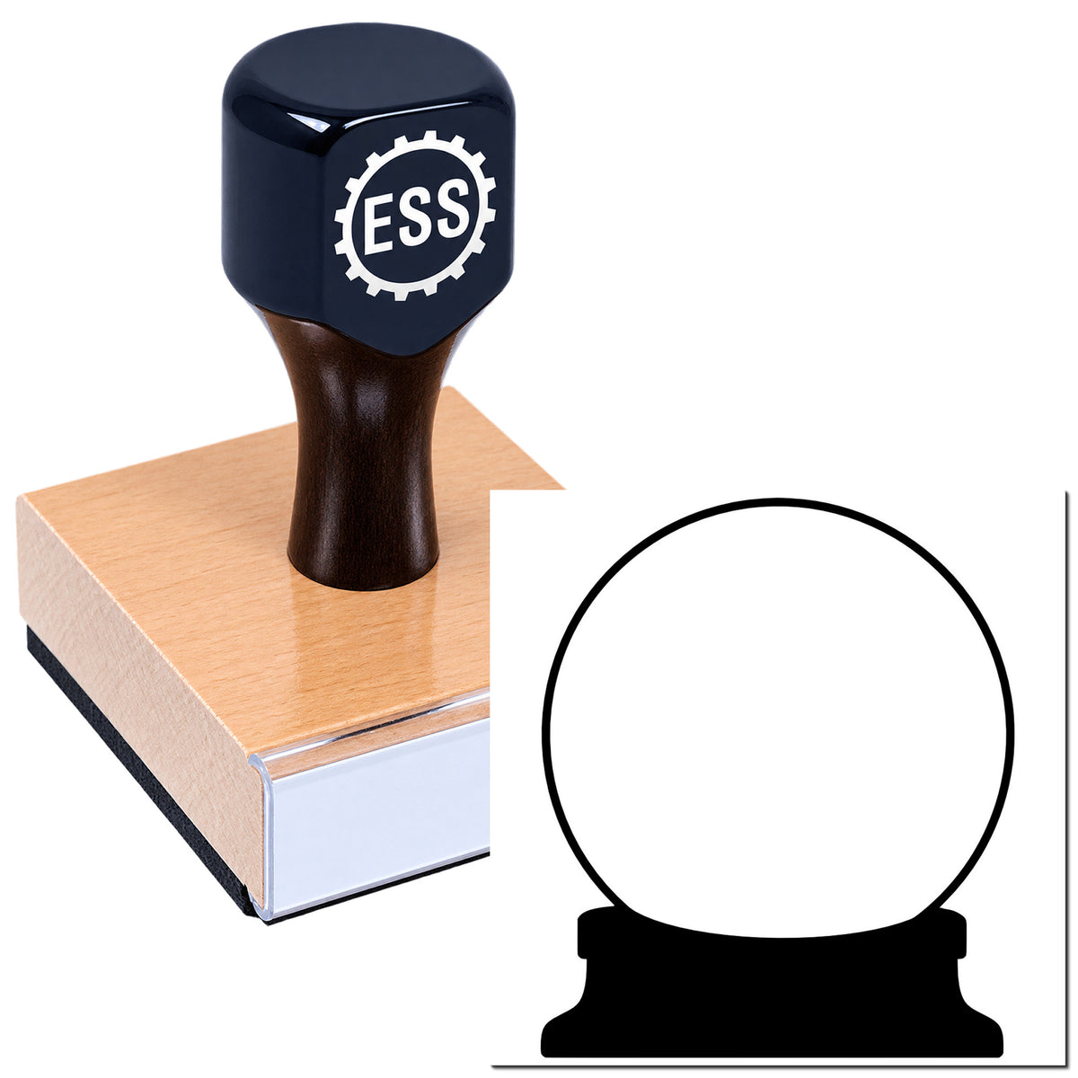 Dark blue ESS rubber stamp on wooden block with black circular seal outline on white background.
