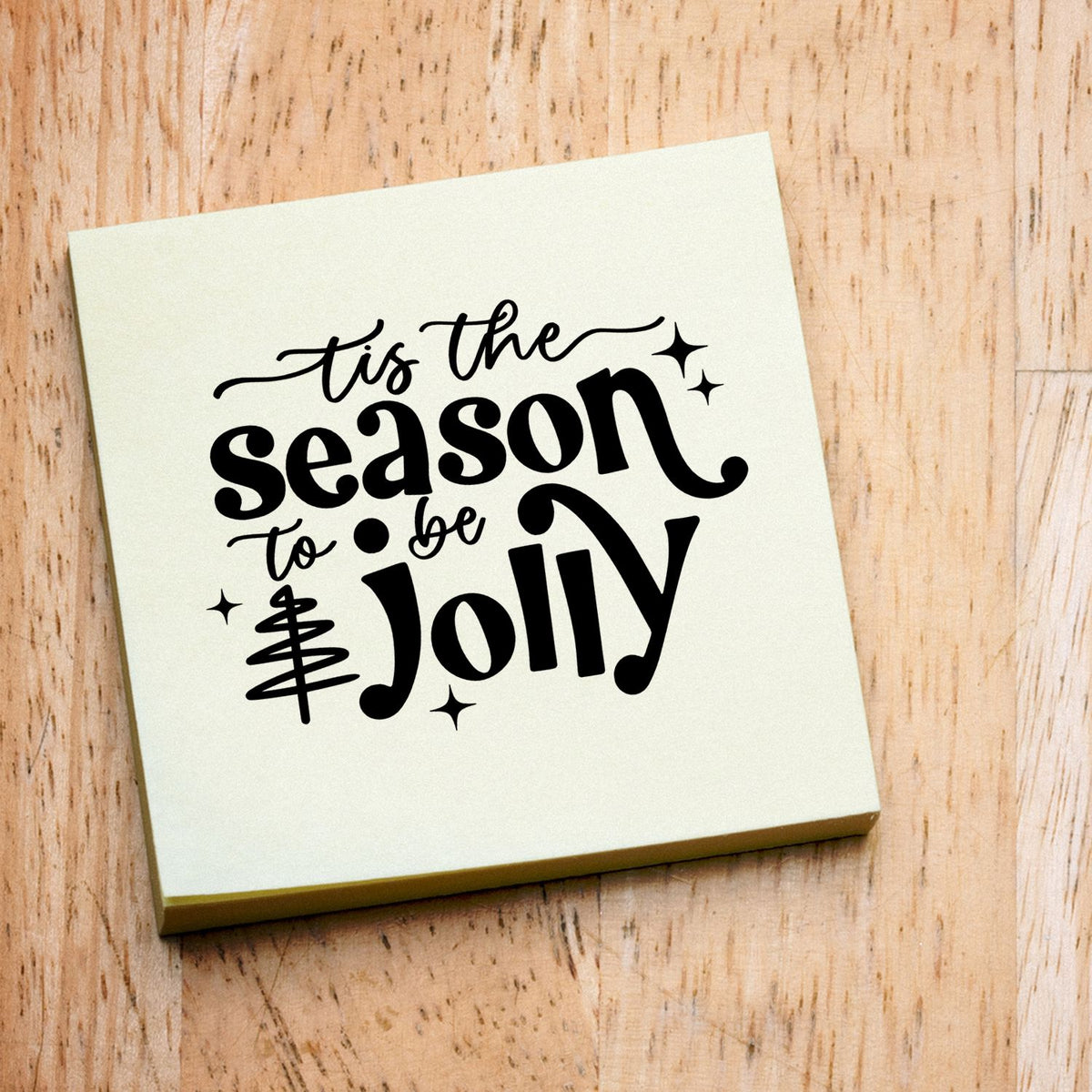 Tis Season To Be Jolly Tree With Sparkles Stamp - Premium Vintage Pro Wooden imprint stamped in black ink. "Tis the Season to Be Jolly" features a line-drawn tree and small sparkles.