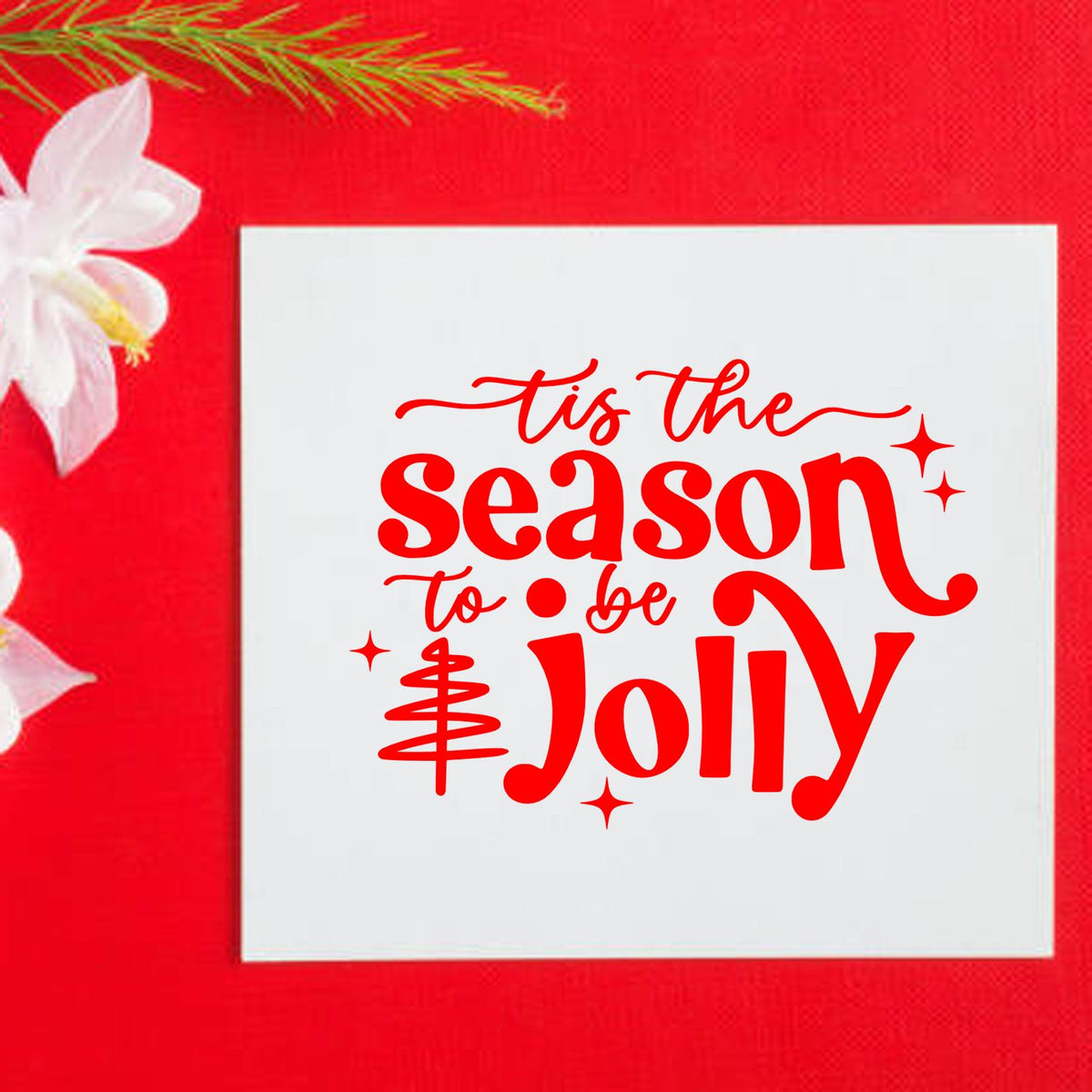 Tis Season To Be Jolly Tree rubber stamp shown in red ink, stamped for projects such as hosting album page.