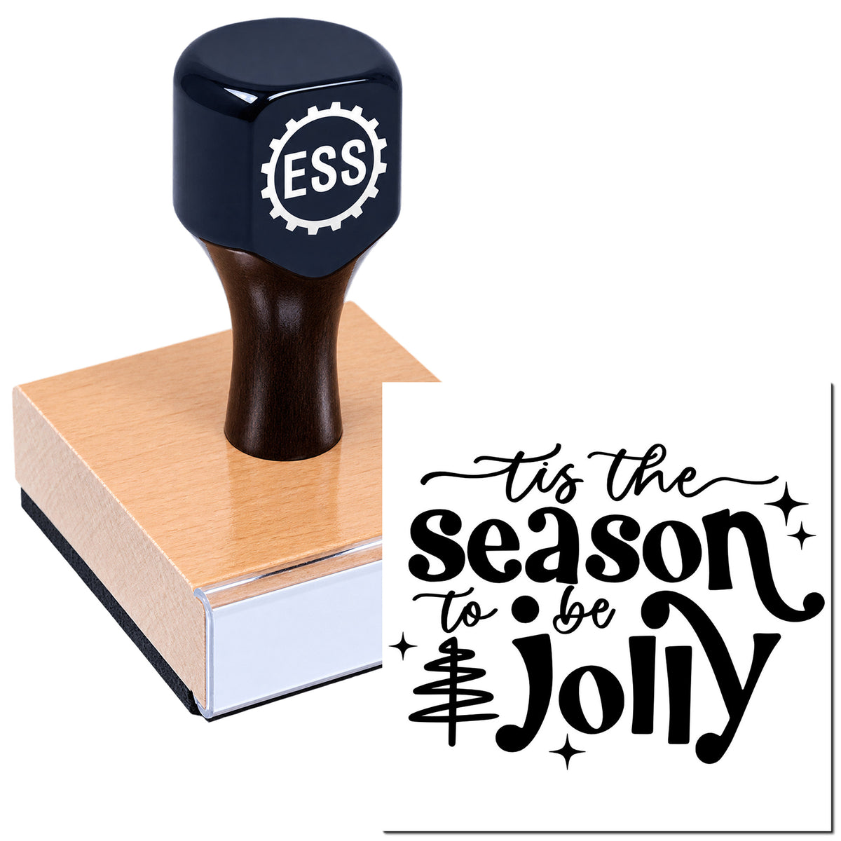 Navy ESS rubber stamp on wooden block with black holiday seal design reading "tis the season to be jolly".
