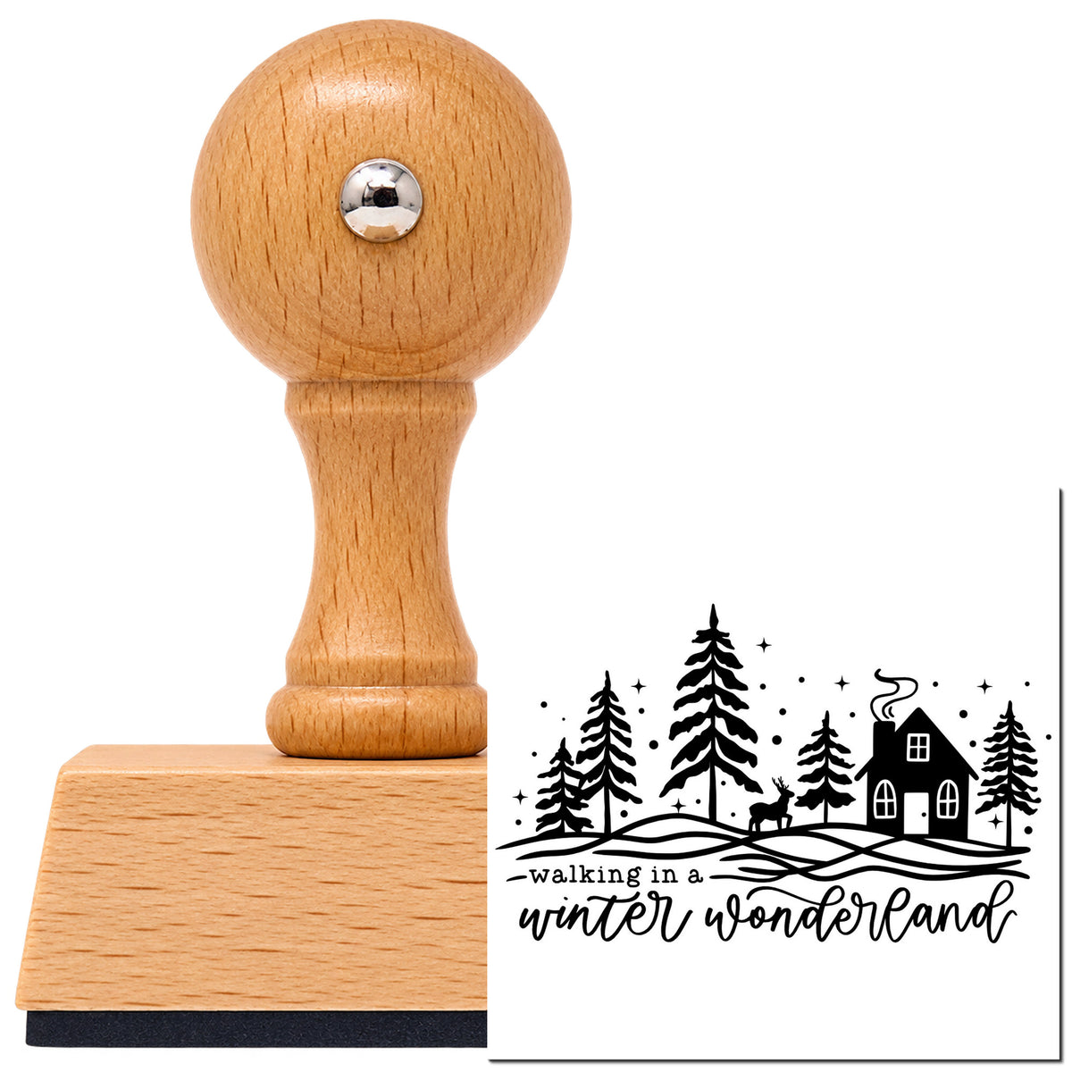 Vintage Pro beech wood stamp with a round knob handle, shown with its black Walking Winter Wonderland Cottage imprint on white.