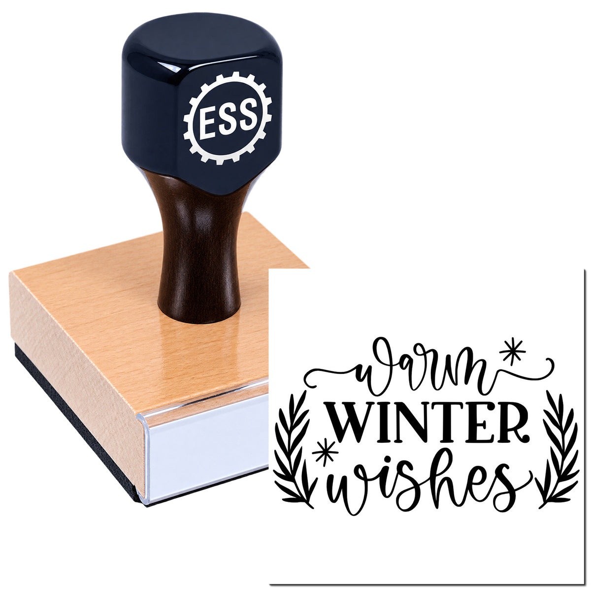 Dark navy ESS seal stamp on a copper-toned block with black "Warm Winter Wishes" design on white