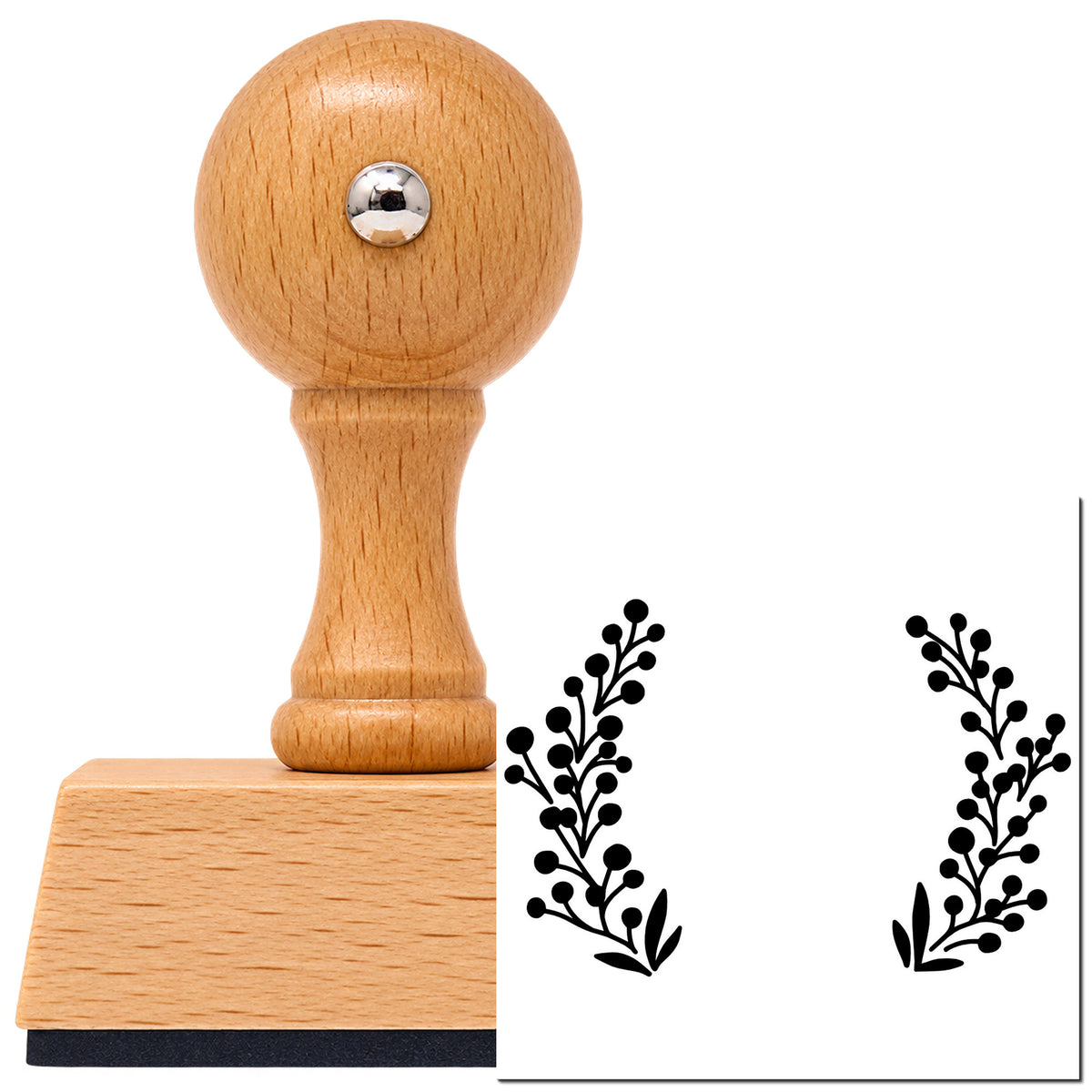 Vintage Pro beech wood stamp with a round knob handle, shown with its black Open Berry Branch Wreath imprint on white.
