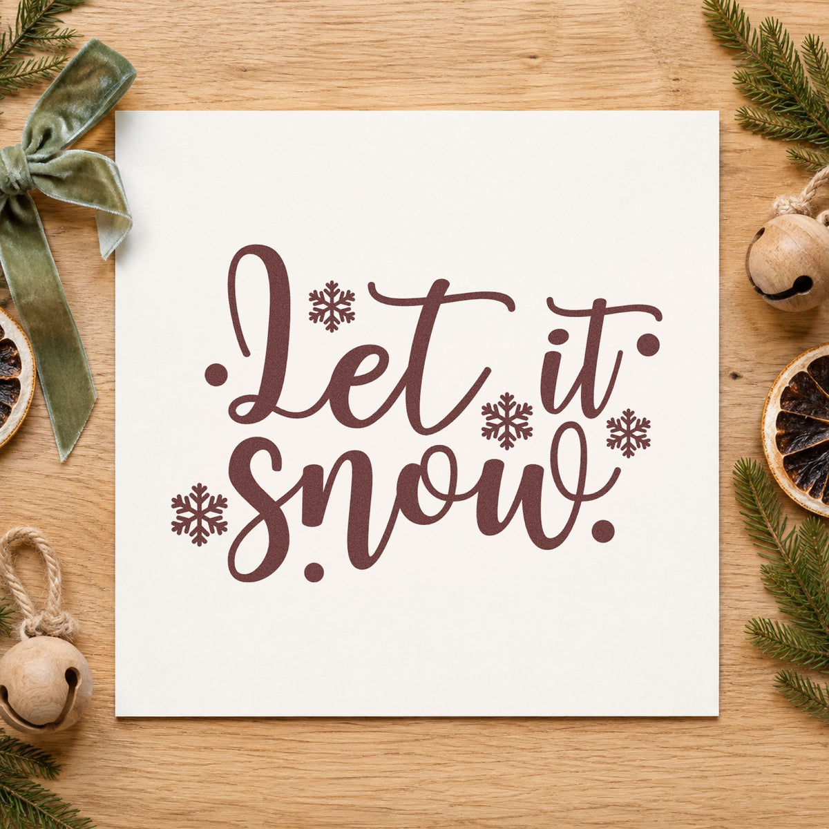 Let It Snow Snowflakes rubber stamp printed in brown ink, ready for rink schedule sheet and similar paper crafts.