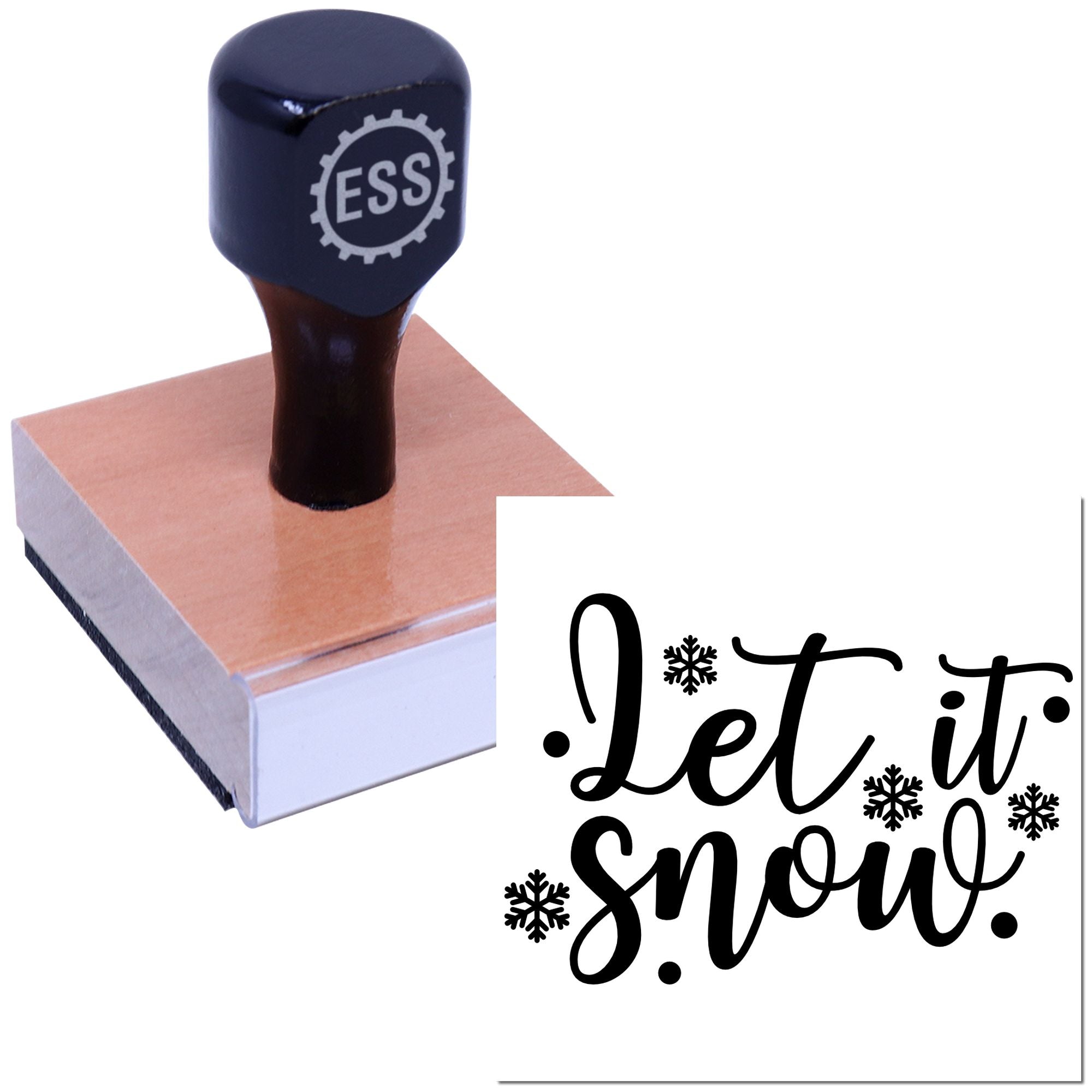 Black ESS stamp on a wooden block, with white Let it Snow seal design and snowflakes.