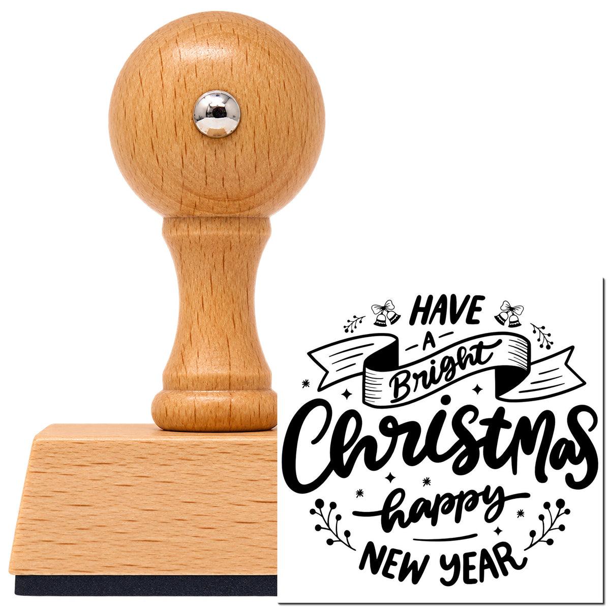 Vintage Pro beech wood stamp with a round knob handle, shown with its black Have A Bright Christmas Happy New Year imprint on white.
