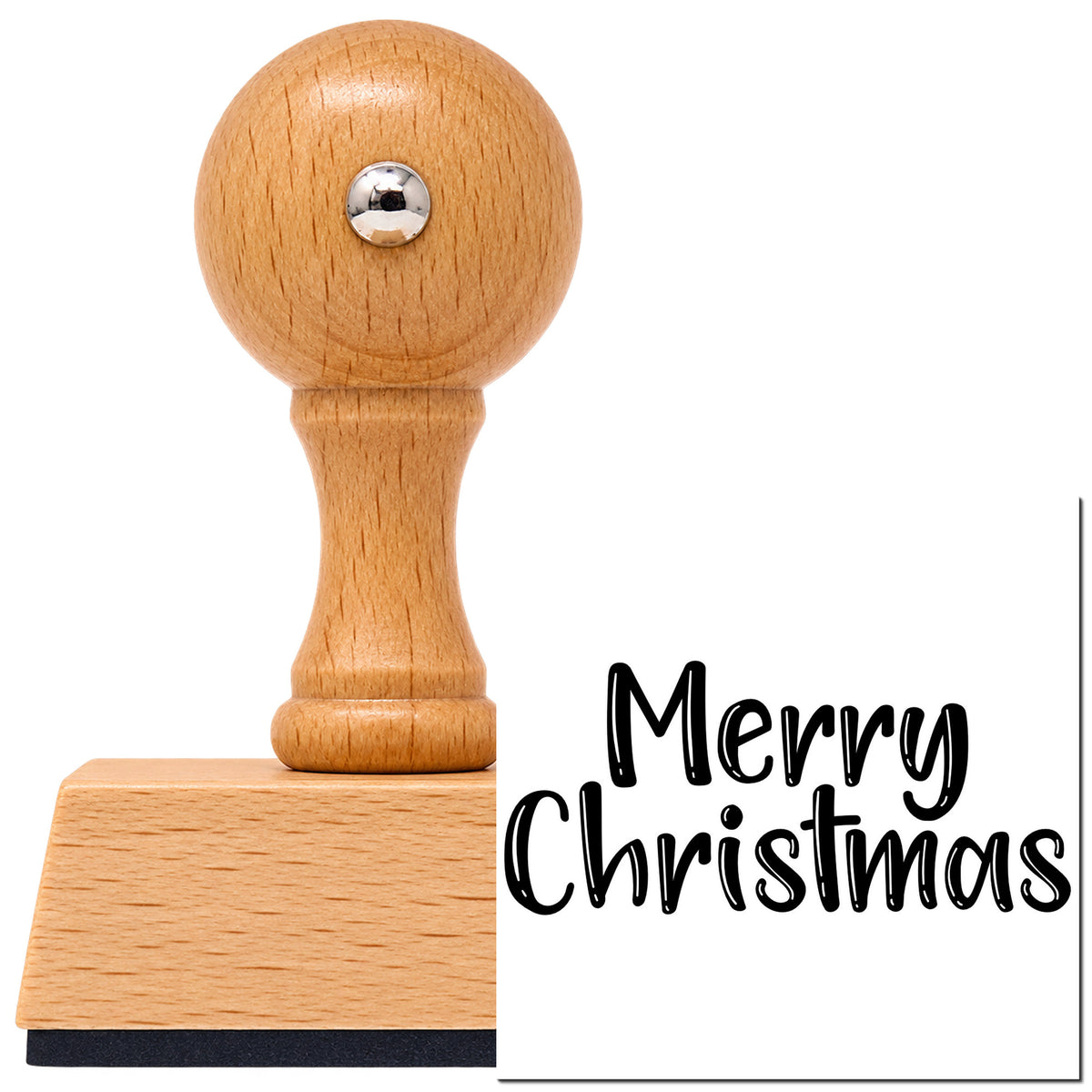 Vintage Pro beech wood stamp with a round knob handle, shown with its black Merry Christmas Textured Letters Lettering imprint on white.