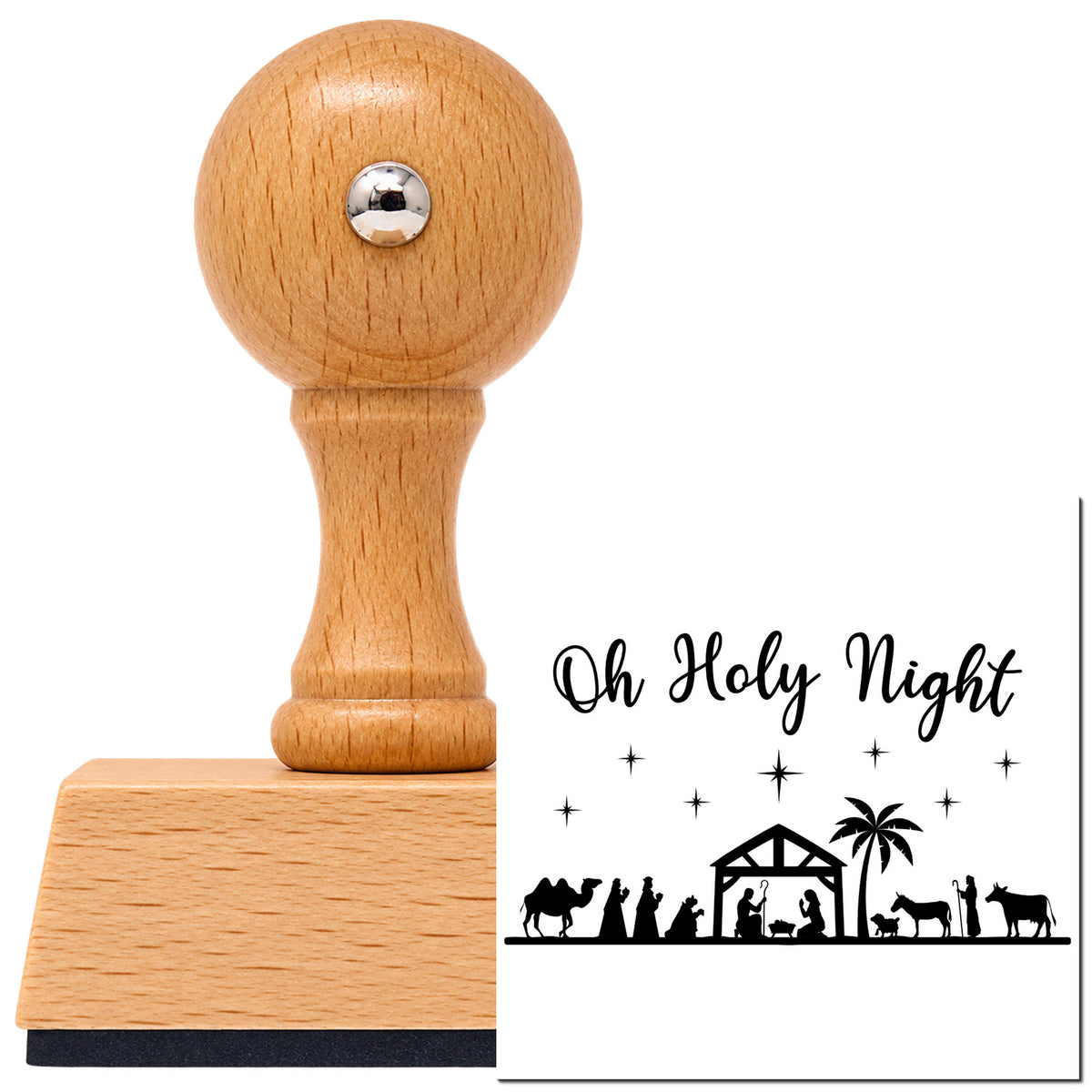 Vintage Pro beech wood stamp with a round knob handle, shown with its black Oh Holy Night Nativity Scene imprint on white.