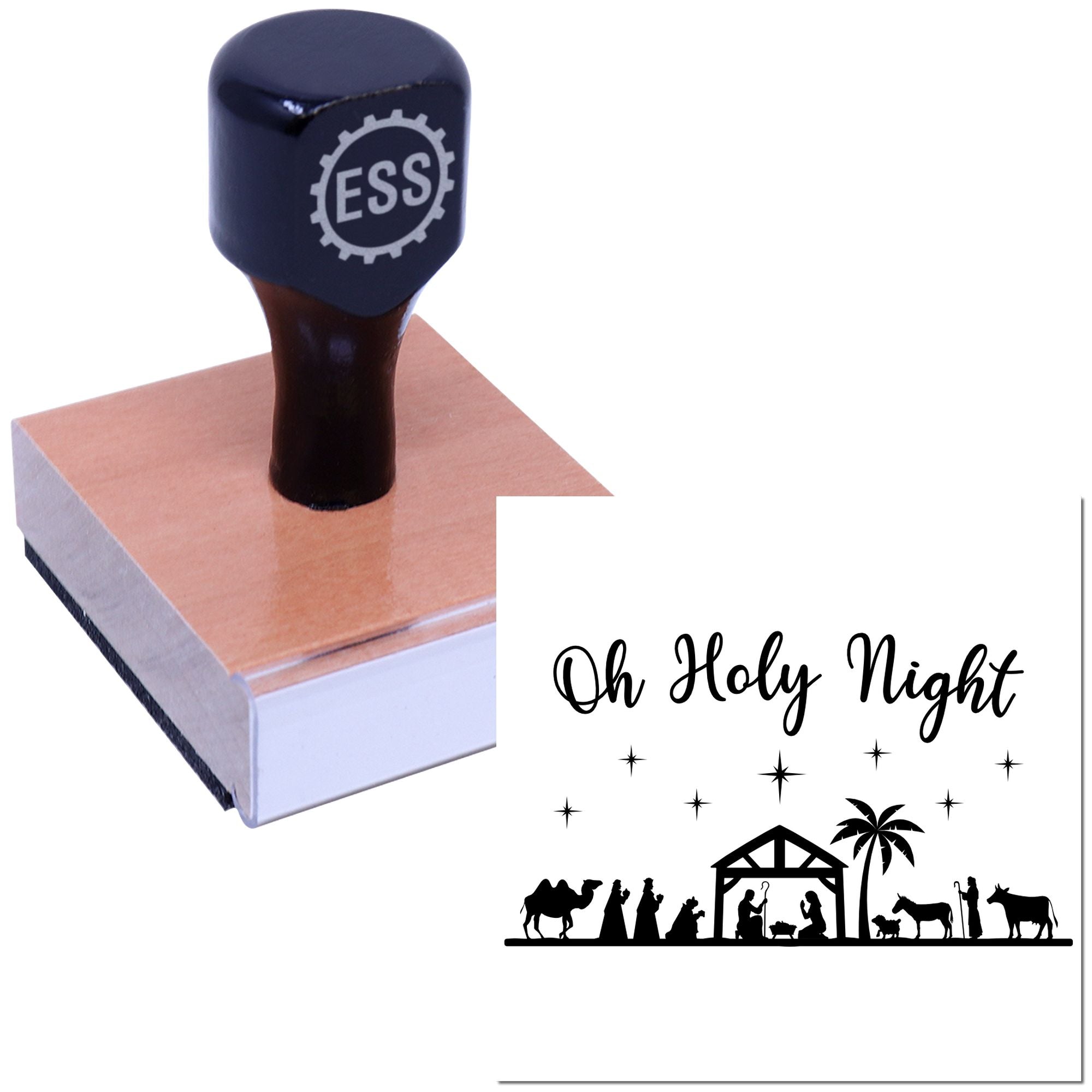 Black ESS rubber stamp and seal on wooden block, showing Oh Holy Night nativity design in black on white.