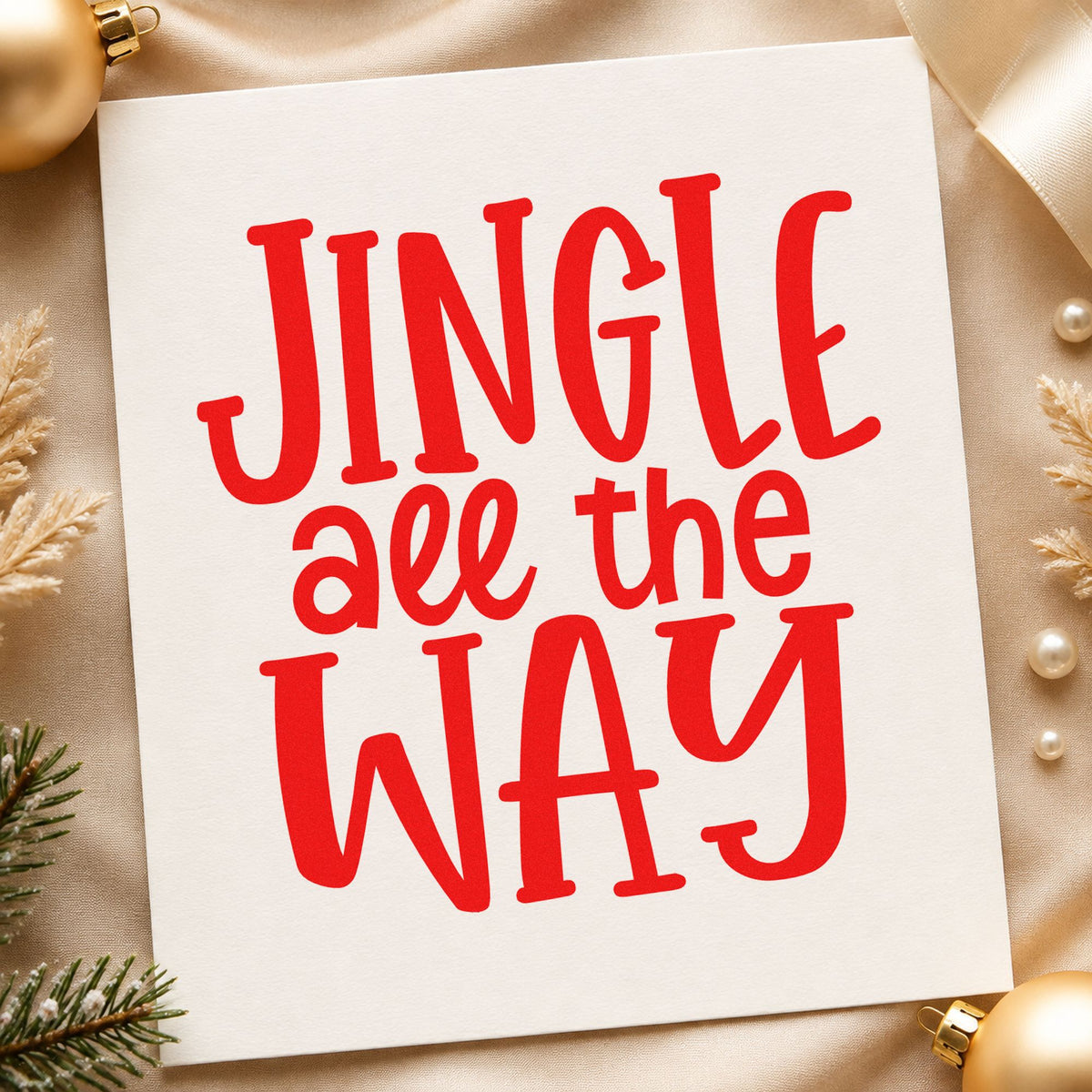 Jingle All The Way rubber stamp shown in red ink, stamped for projects such as box top labels.