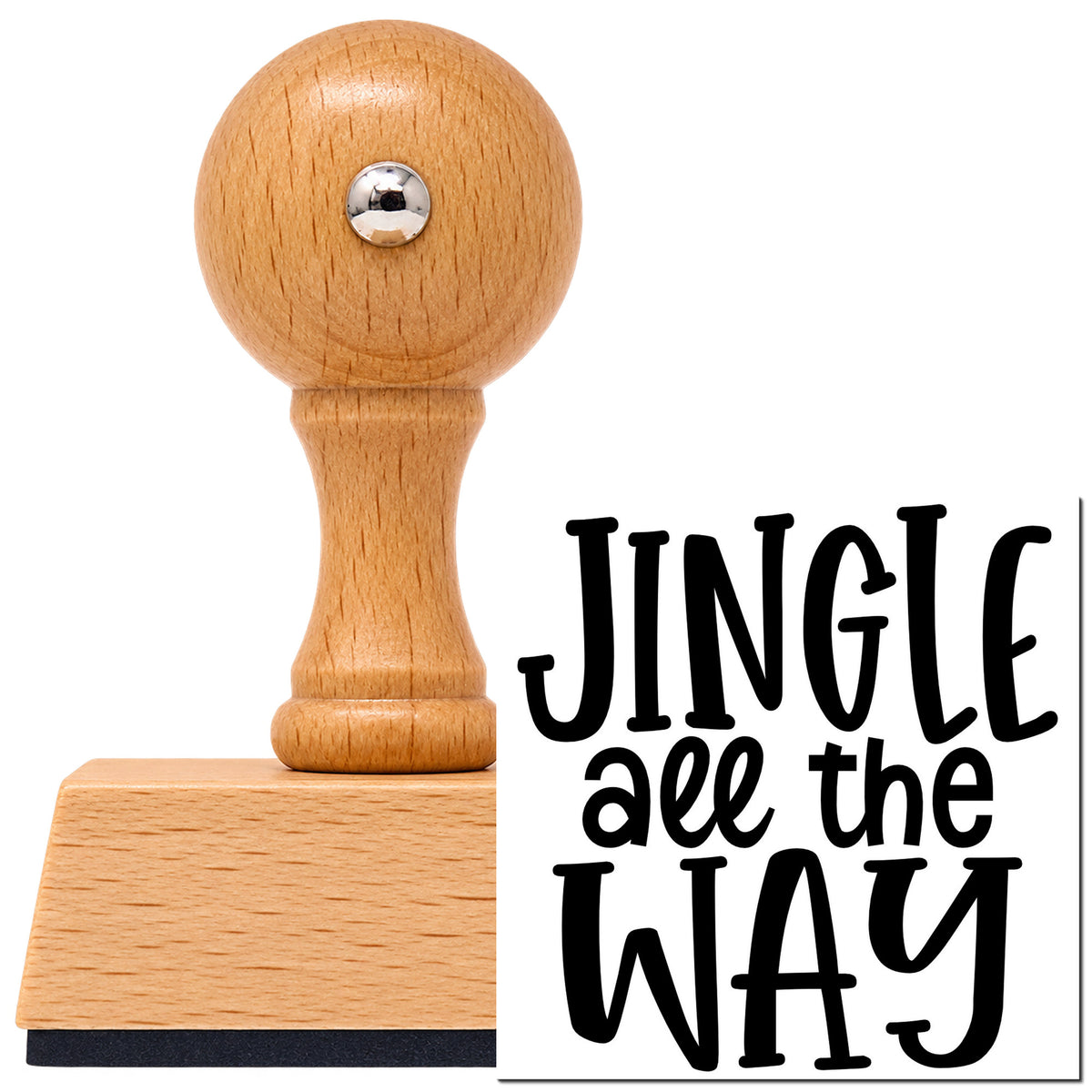 Vintage Pro beech wood stamp with a round knob handle, shown with its black Jingle All The Way imprint on white.
