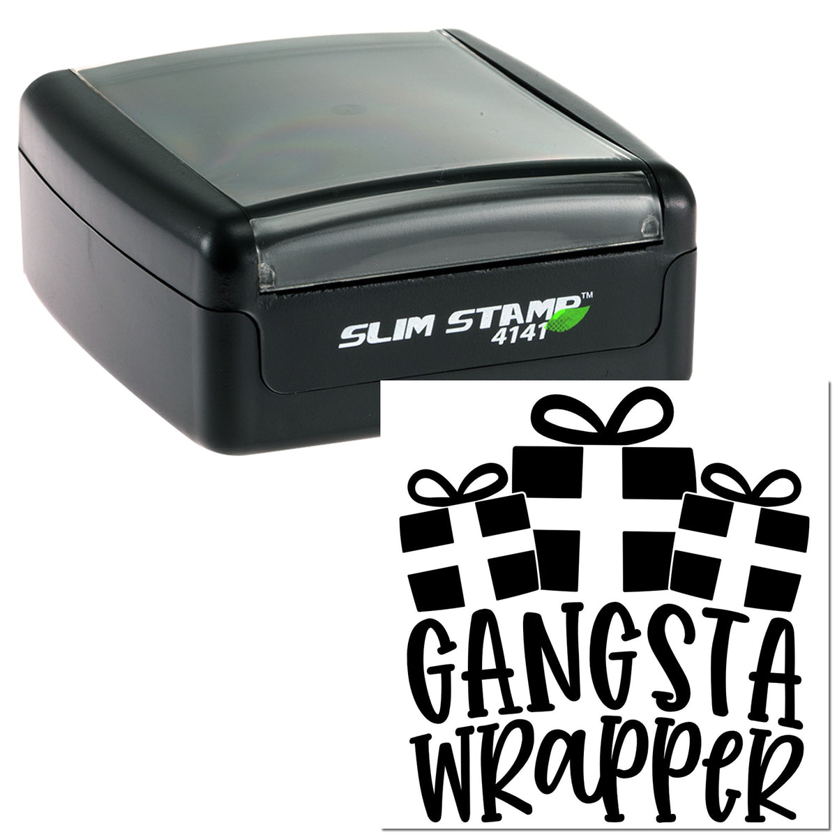 Black slim self-inking stamp and seal with gray top and Gangsta Wrapper gift box logo.