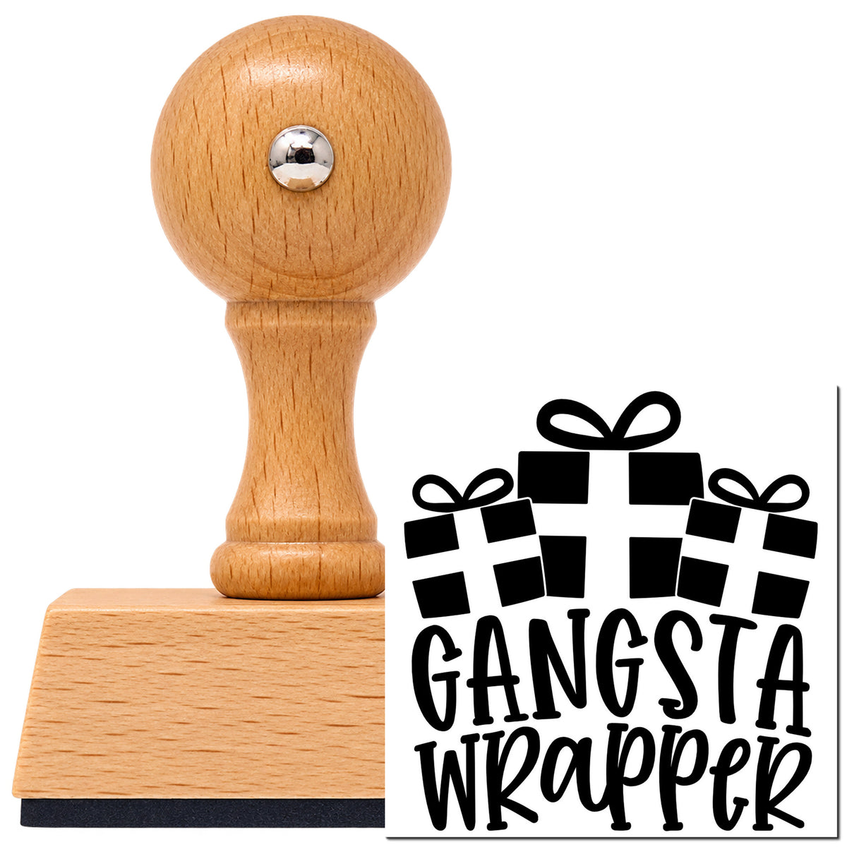 Vintage Pro beech wood stamp with a round knob handle, shown with its black Gangsta Wrapper Presents Gift Box imprint on white.
